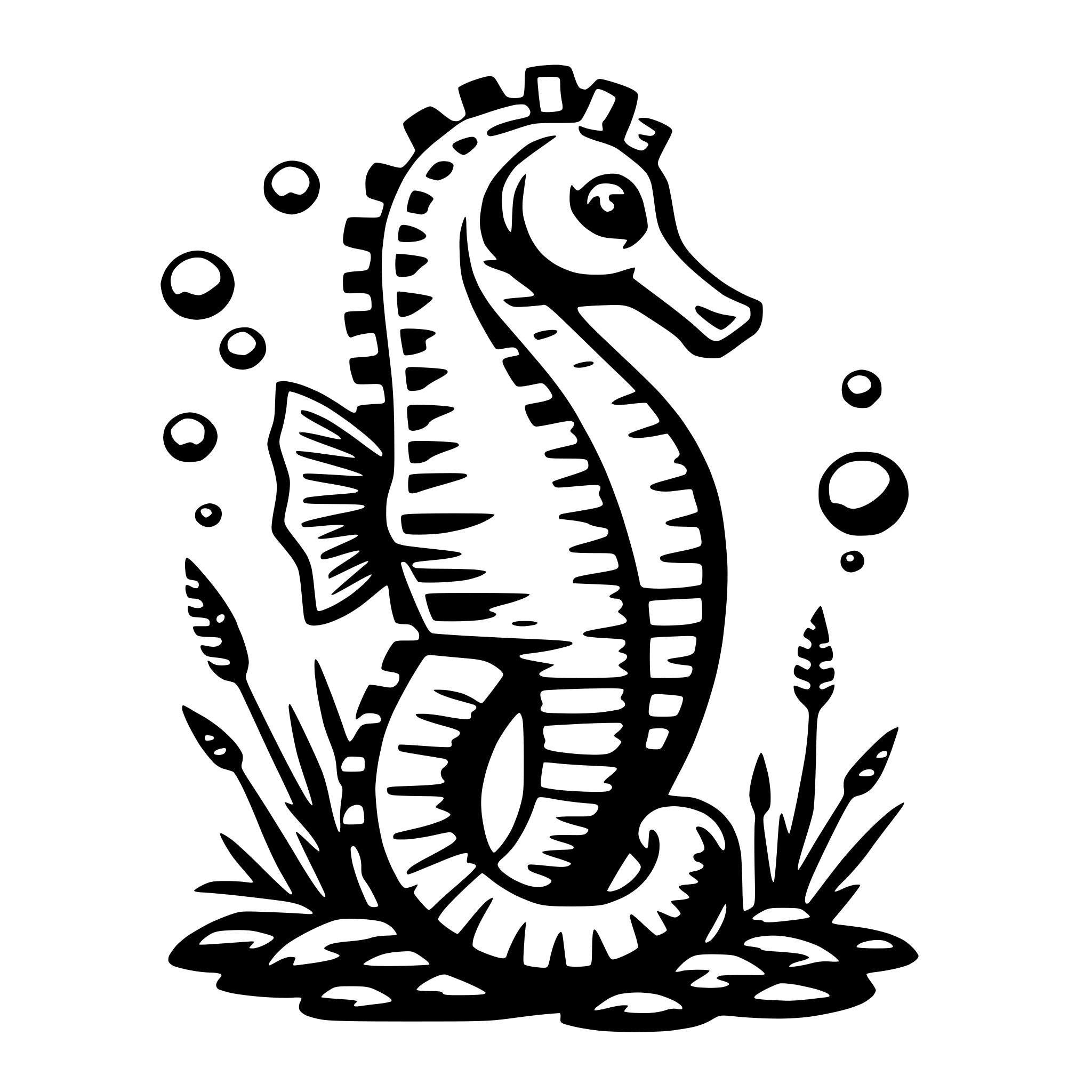 The SVG depicts a stylized illustration of a seahorse. The seahorse is curled up with its tail wrapped around its body, and it has a prominent, upward-pointing snout. It is surrounded by bubbles and seaweed, suggesting an underwater environment. The seahorse is the central figure in the SVG, and the bubbles and seaweed are arranged around it, creating a sense of depth and movement. The SVG is simple and uses a limited color palette, focusing on the contrast between the seahorse and the background elements. 