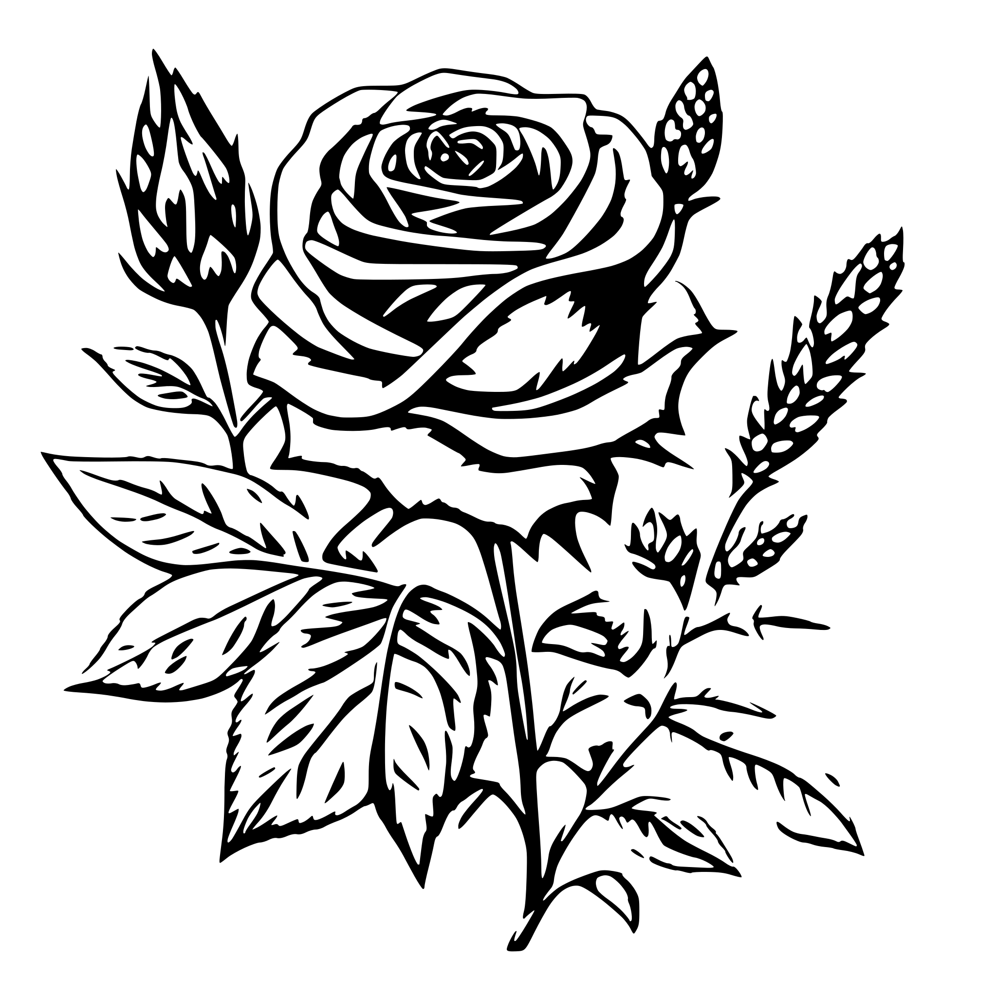 AI-generated SVG of a rose with thorns, five small branches, Blue bonnets, orange blossom, lavender, sunflower, for butterflies, epilepsy symbol AI-generated SVG of a rose with thorns, five small branches, Blue bonnets, orange blossom, lavender, sunflower, for butterflies, epilepsy symbol