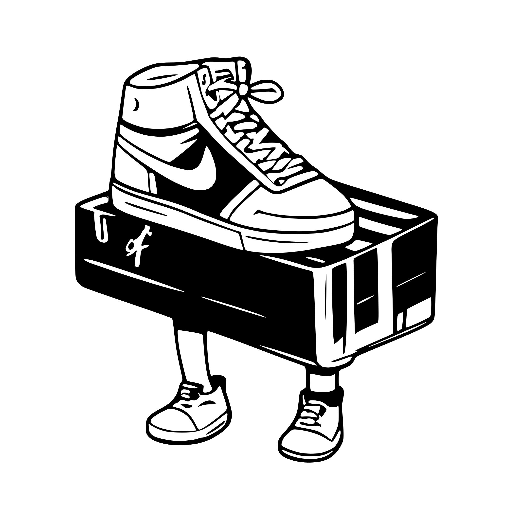 AI-generated SVG of 'personaje animado con ropa vintage y zapatillas Nike jordán. Lleva una gorra new era. y en una mano tiene una caja de paquete de envido y en la otra tiene el movil.'