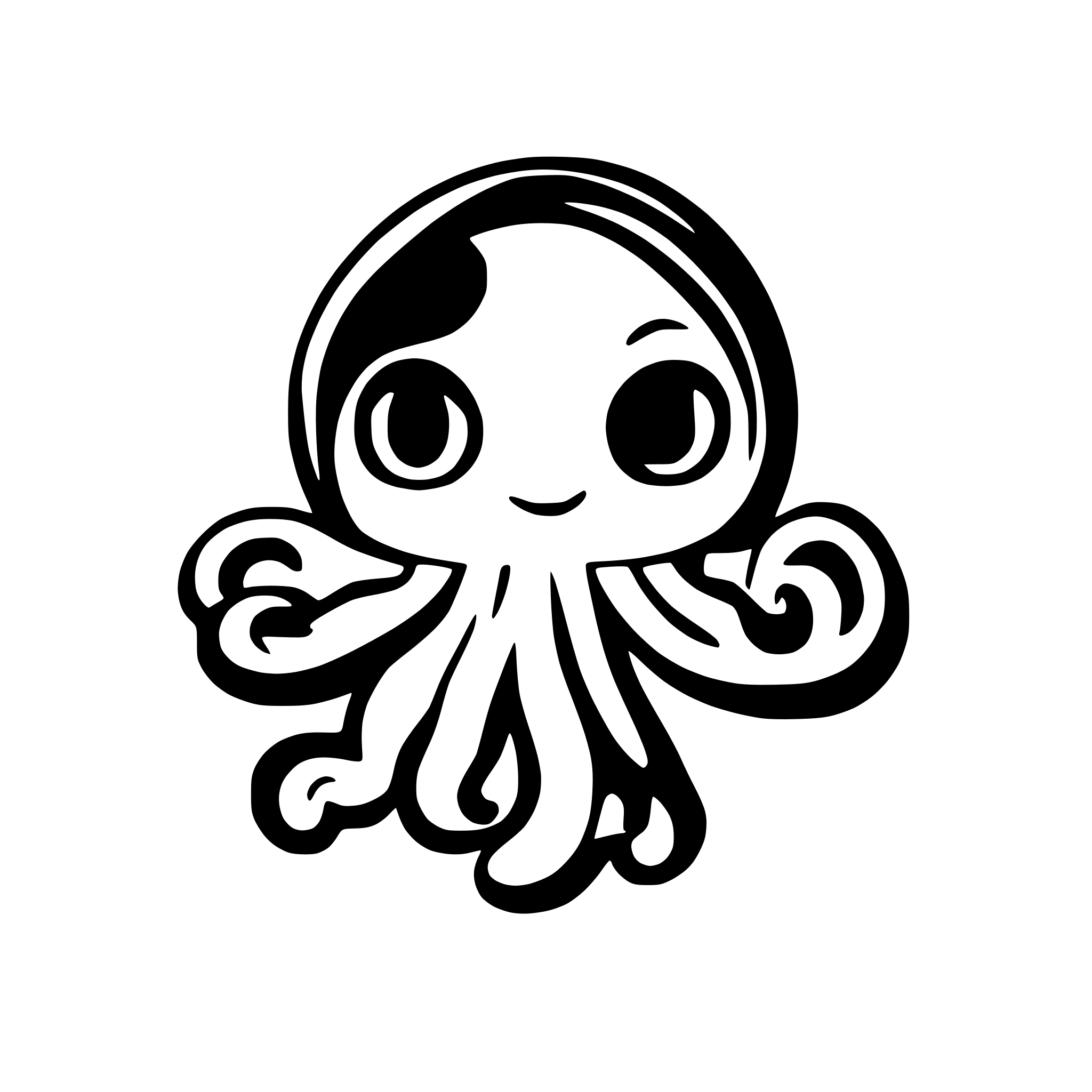 AI-generated SVG of a cute female cartoon octopus with eight tentacles silhouette style white fill for rear window decal high contrast