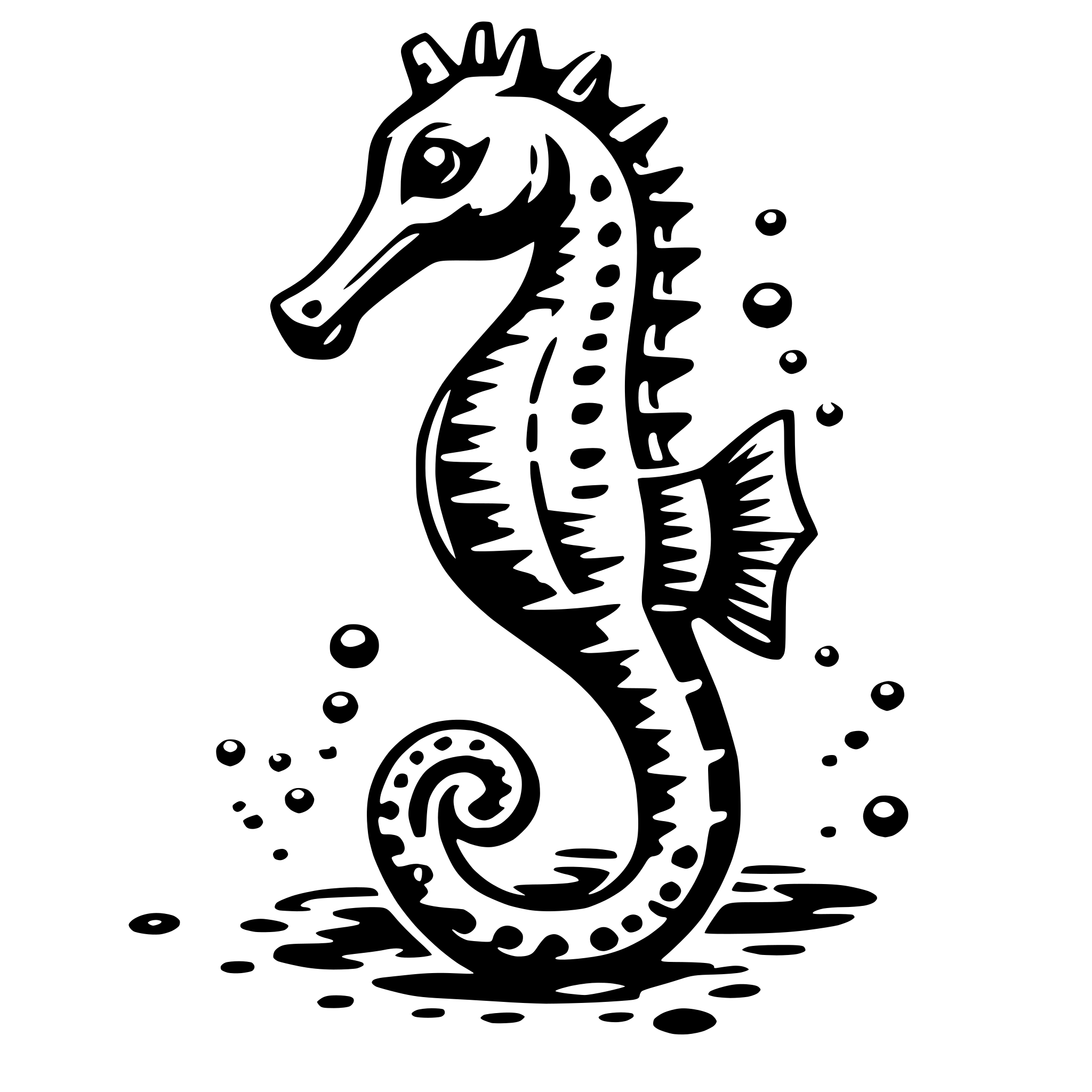The SVG depicts a stylized, cartoon-like illustration of a seahorse. The seahorse is oriented horizontally, with its body curved and its head facing to the left. It has a prominent dorsal fin on its back and a tail that is coiled. The seahorse is surrounded by small bubbles, suggesting movement through water. The style of the illustration is simple and graphic, with bold outlines and minimal shading. 