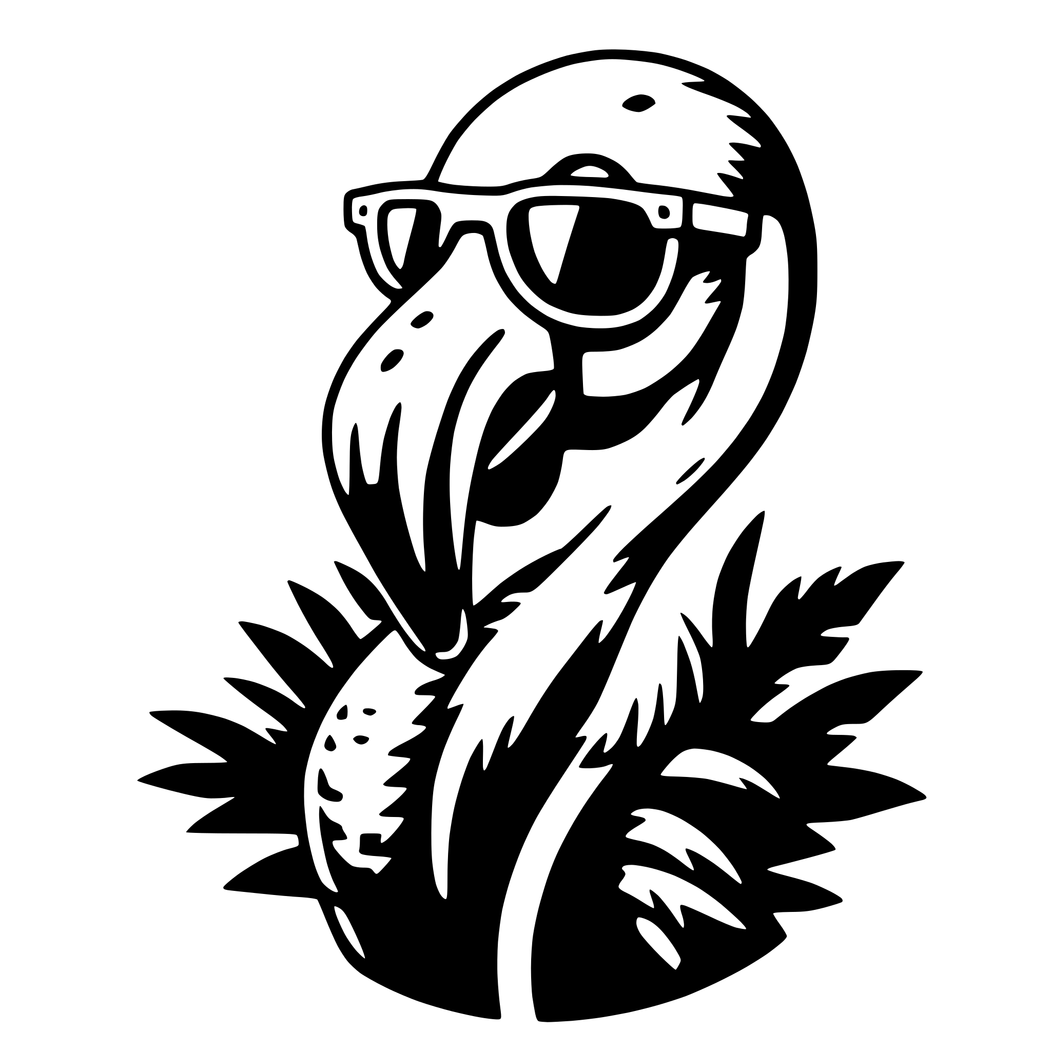 The SVG features a stylized depiction of a flamingo. The flamingo is wearing a pair of sunglasses and has a prominent beak. It is also adorned with a feather-like pattern on its head and neck, which could be interpreted as a form of headgear or a decorative element. The flamingo is facing forward, and its body is oriented slightly to the left. The overall style of the SVG is simplistic and cartoonish, with bold outlines and minimal shading. 