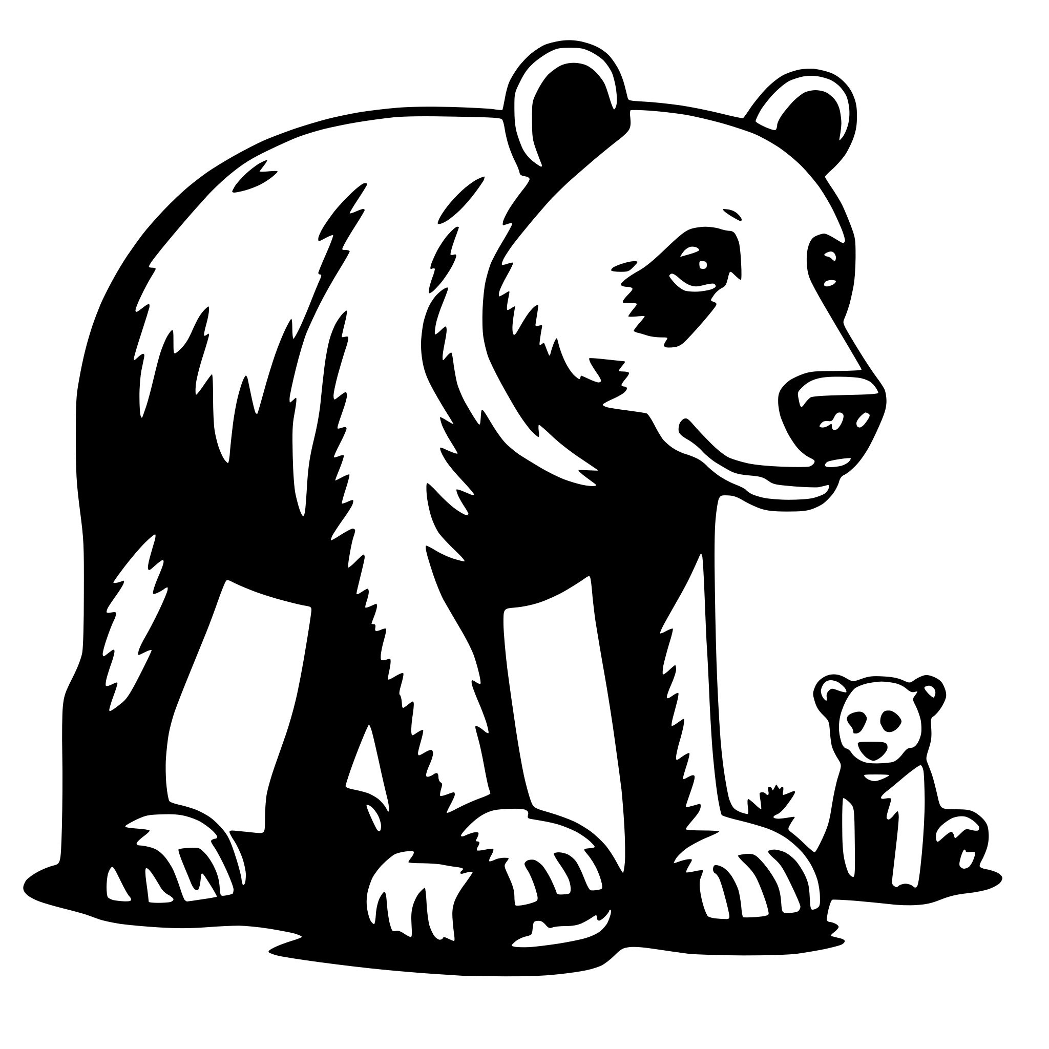 The SVG features a large, stylized bear standing upright on its hind legs, with its front paws raised as if it's walking or standing on its hind legs. To the right of the bear, there is a smaller, simplified representation of a bear cub, also standing on its hind legs. The two bears are depicted in a cartoon-like style, with the larger bear appearing to be an adult and the smaller one being a younger bear. The bears are not interacting with each other directly, but their proximity suggests a familial or social relationship. The SVG is a simple, two-tone illustration with no additional elements or background details. 