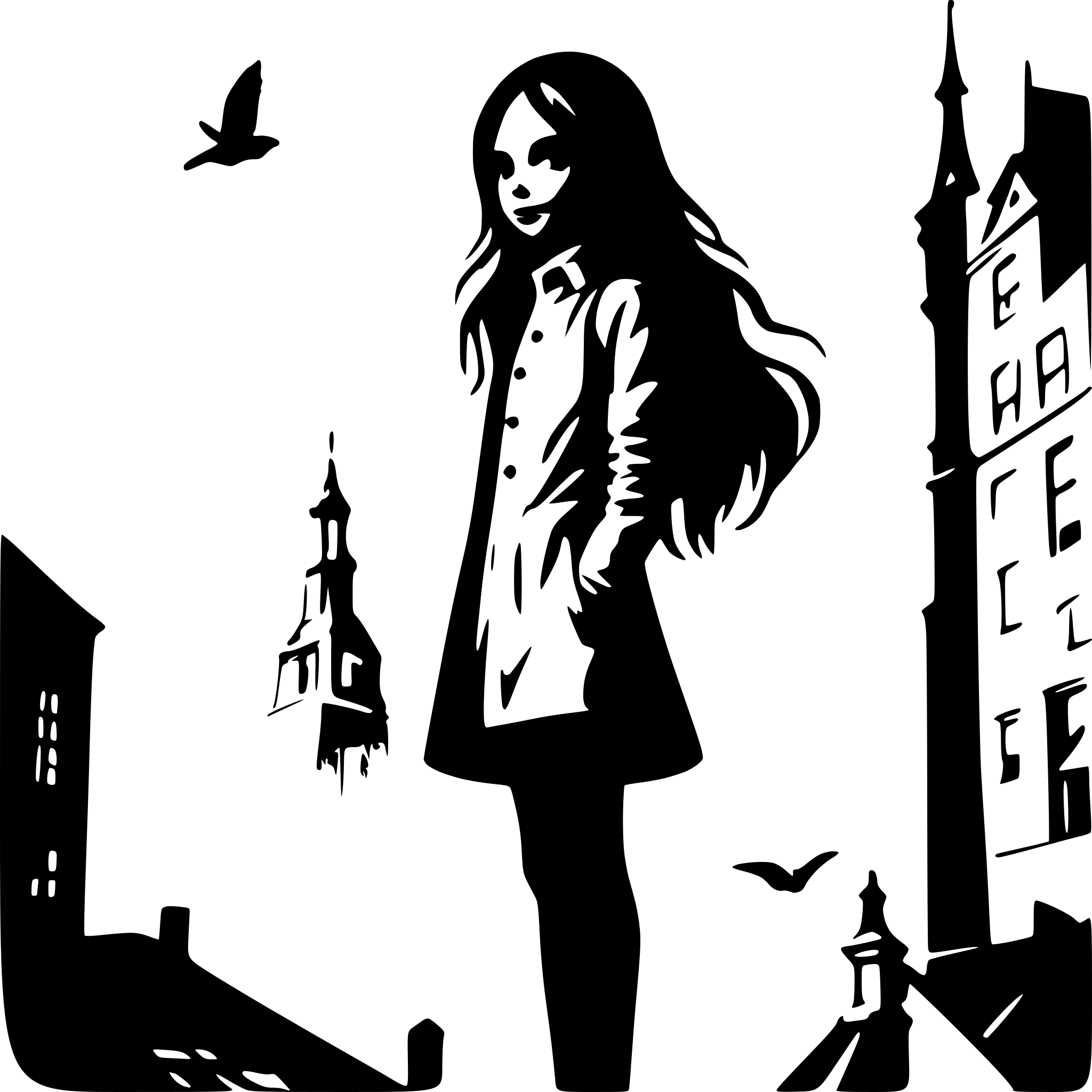 AI-generated SVG of a a creepy girl high amongst the city rooftops surrounded by birds and steeples and buildings  above her