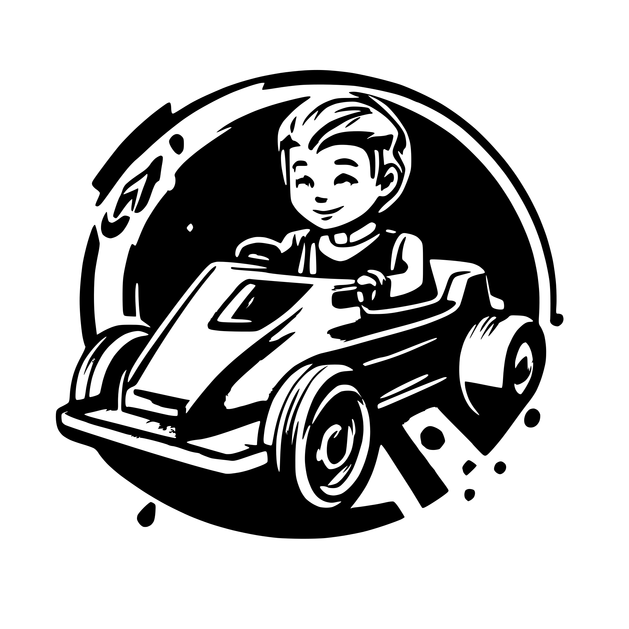 AI-generated SVG of a pro driver in go-cart, orange and purple, number 14 on car, "SAWYER" white text overlay, with grey horizonal stripe behind text and car. transparent background
