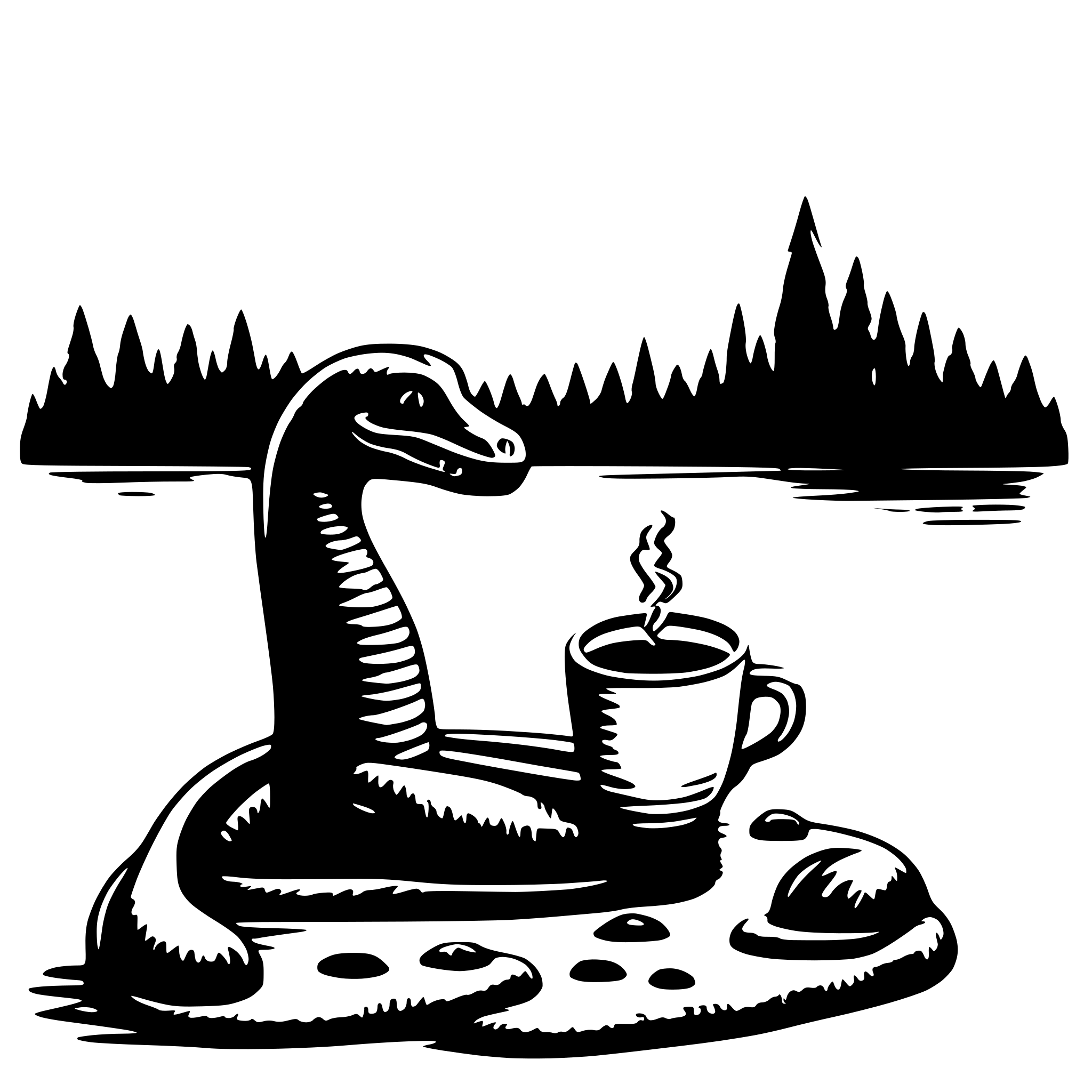 AI-generated SVG of a doodle of the Loch Ness Monster drinking coffee