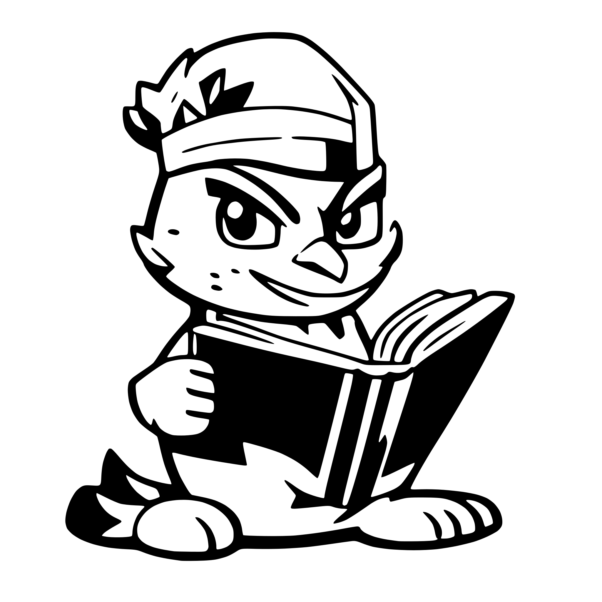 AI-generated SVG of a a cardinal mascot that is reading a book, black and white only, no hat, no clothes