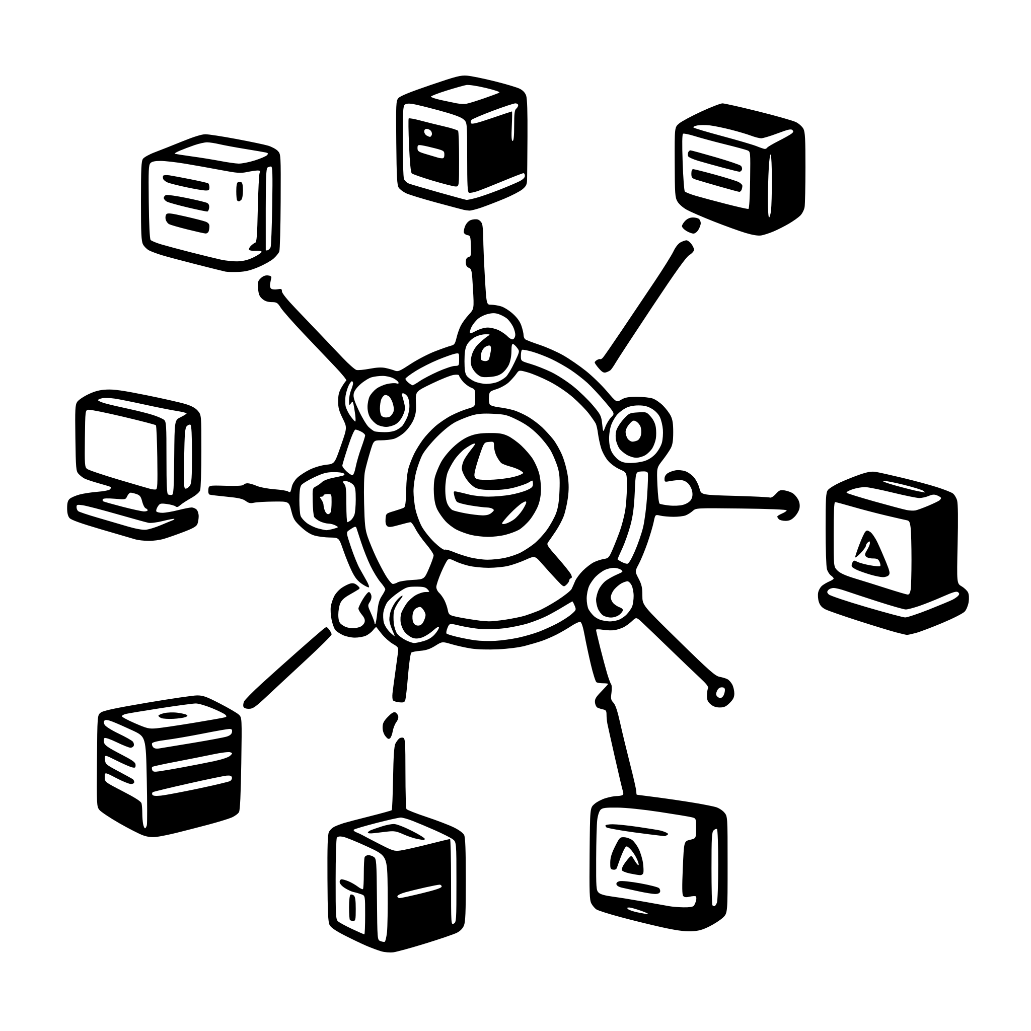 AI-generated SVG of a diagram of a network of cameras sending information toa  central node that process the information and send it to a web server