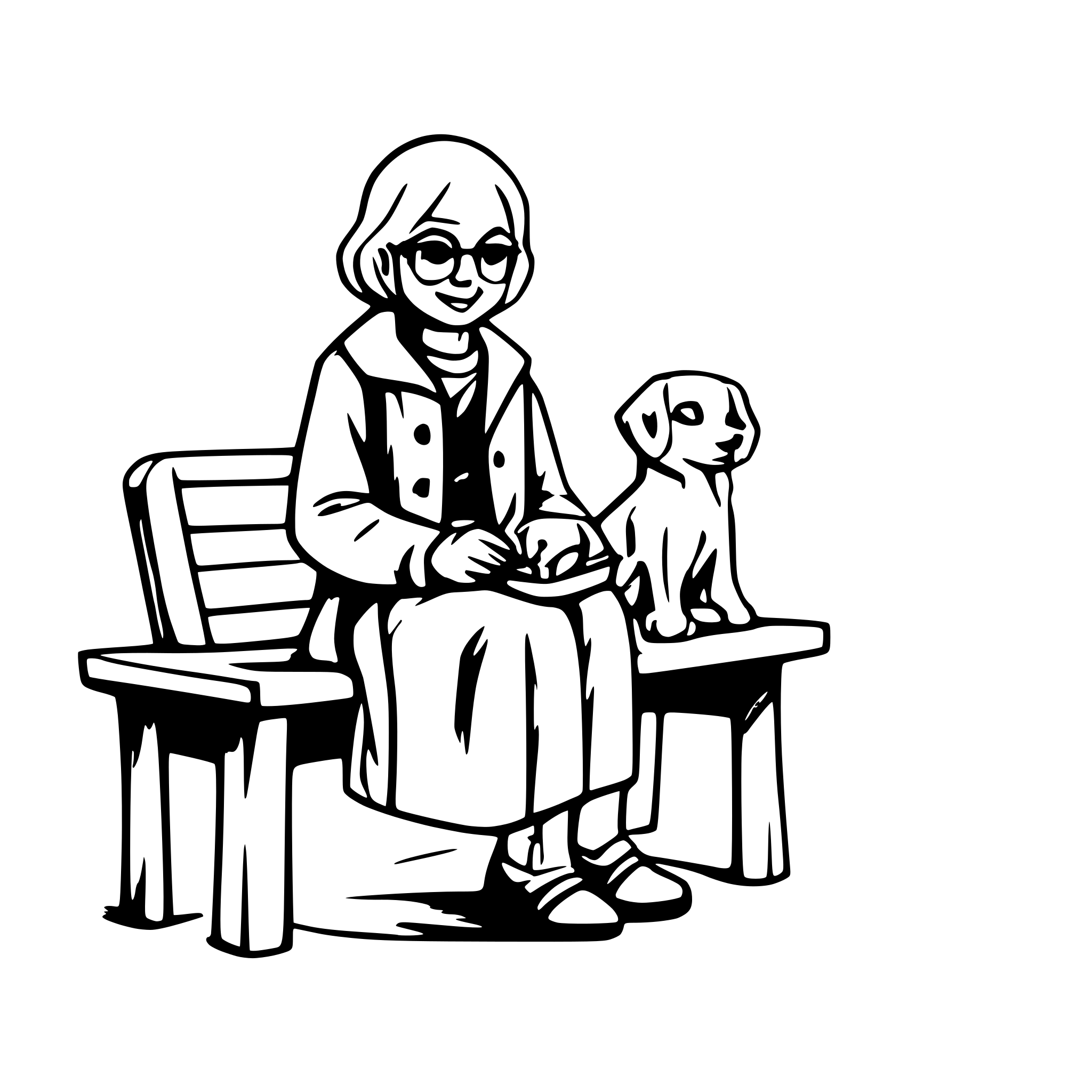 AI-generated SVG of a An old lady seated on a bench with a dog next to her