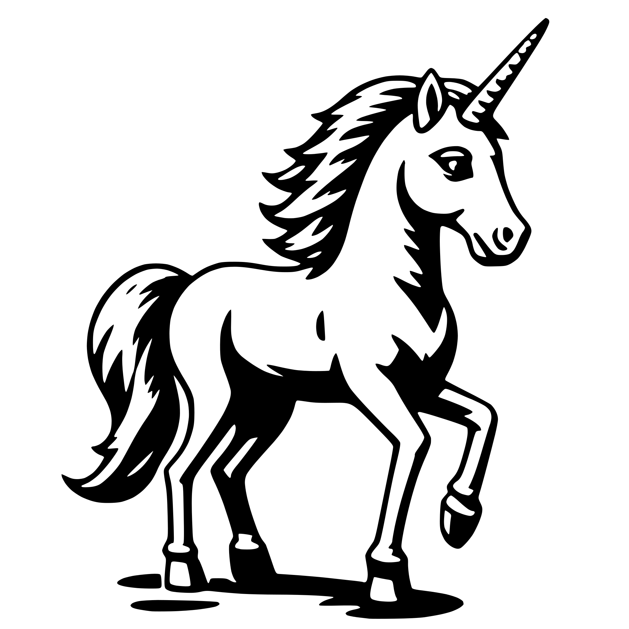 The SVG depicts a stylized, black and white illustration of a unicorn. The unicorn is standing on all fours, with its head turned slightly to the left. It has a long, flowing mane and tail, and its ears are pointed upwards. The unicorn's body is elongated, with a distinct hump on its back, which is characteristic of unicorns in various mythologies. The illustration is simple and lacks intricate details, focusing on the basic shapes and lines to convey the SVG of the unicorn. 