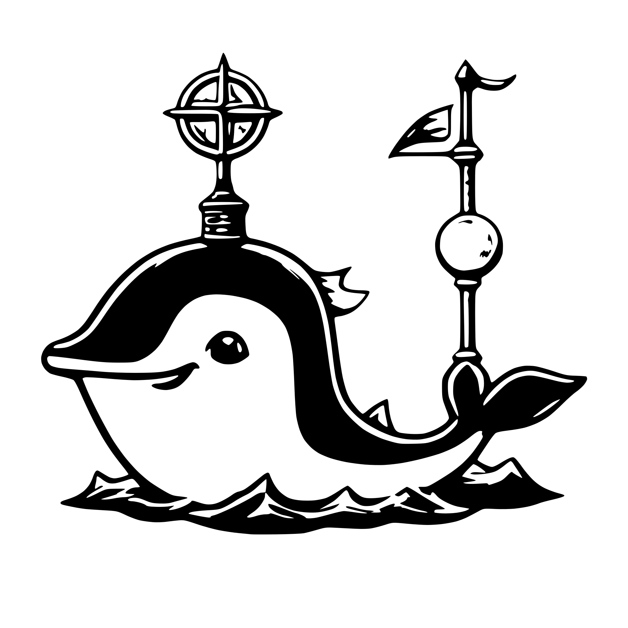 AI-generated SVG of 'a cute and colorful animated whale, holding a mage staff and a lute'