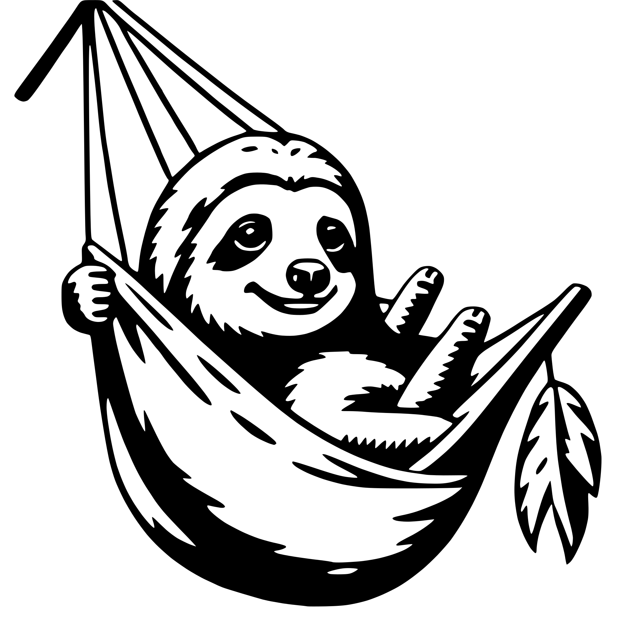 The SVG depicts a cartoon-style sloth sitting in a hammock. The sloth is smiling and has its arms and legs hanging over the sides of the hammock. The hammock has a leaf design on the bottom, suggesting a natural or tropical theme. The sloth's position in the hammock and its relaxed posture convey a sense of leisure and contentment. 