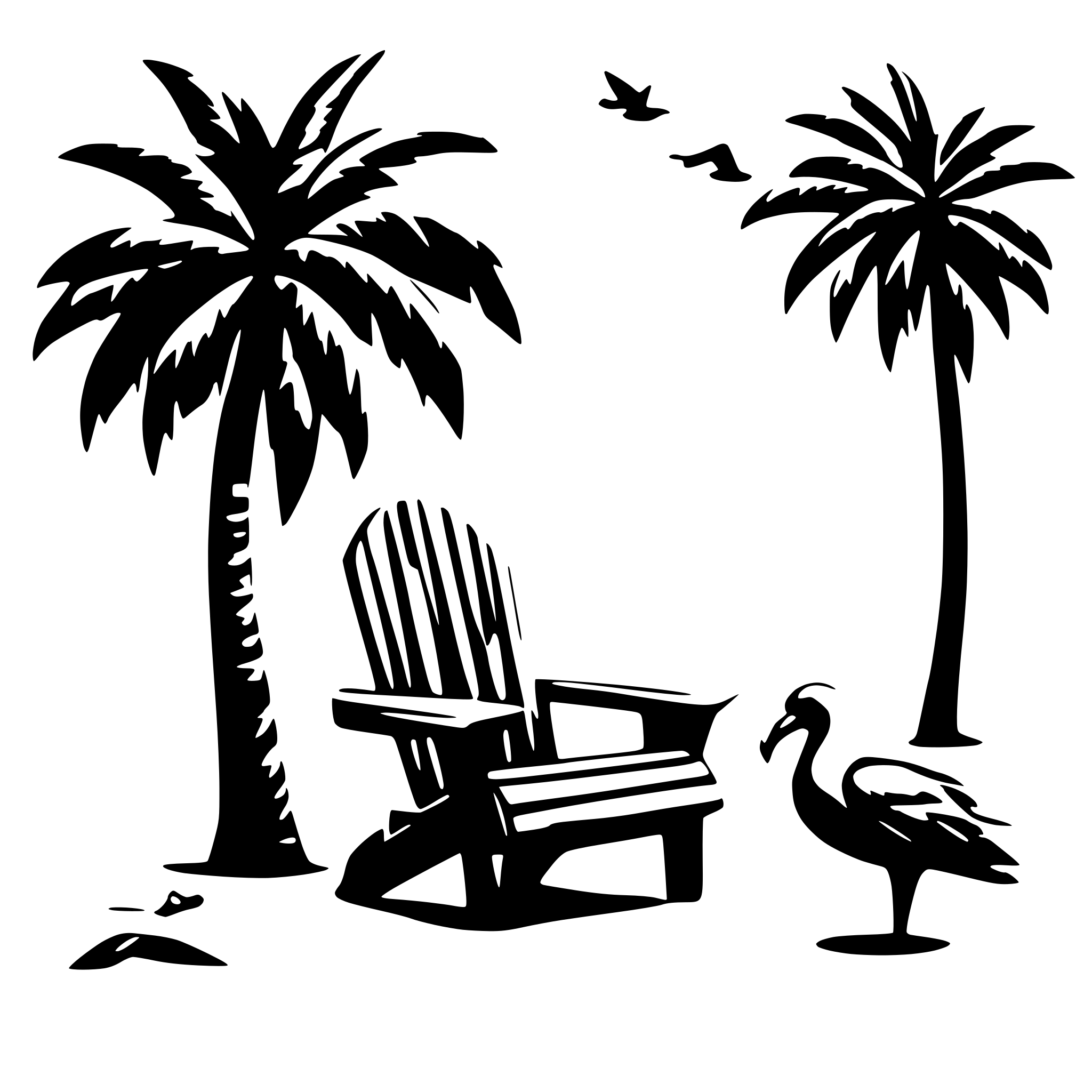 AI-generated SVG of 'palm trees on the beach with adirondack chairs and birds flying in front of the sunset'