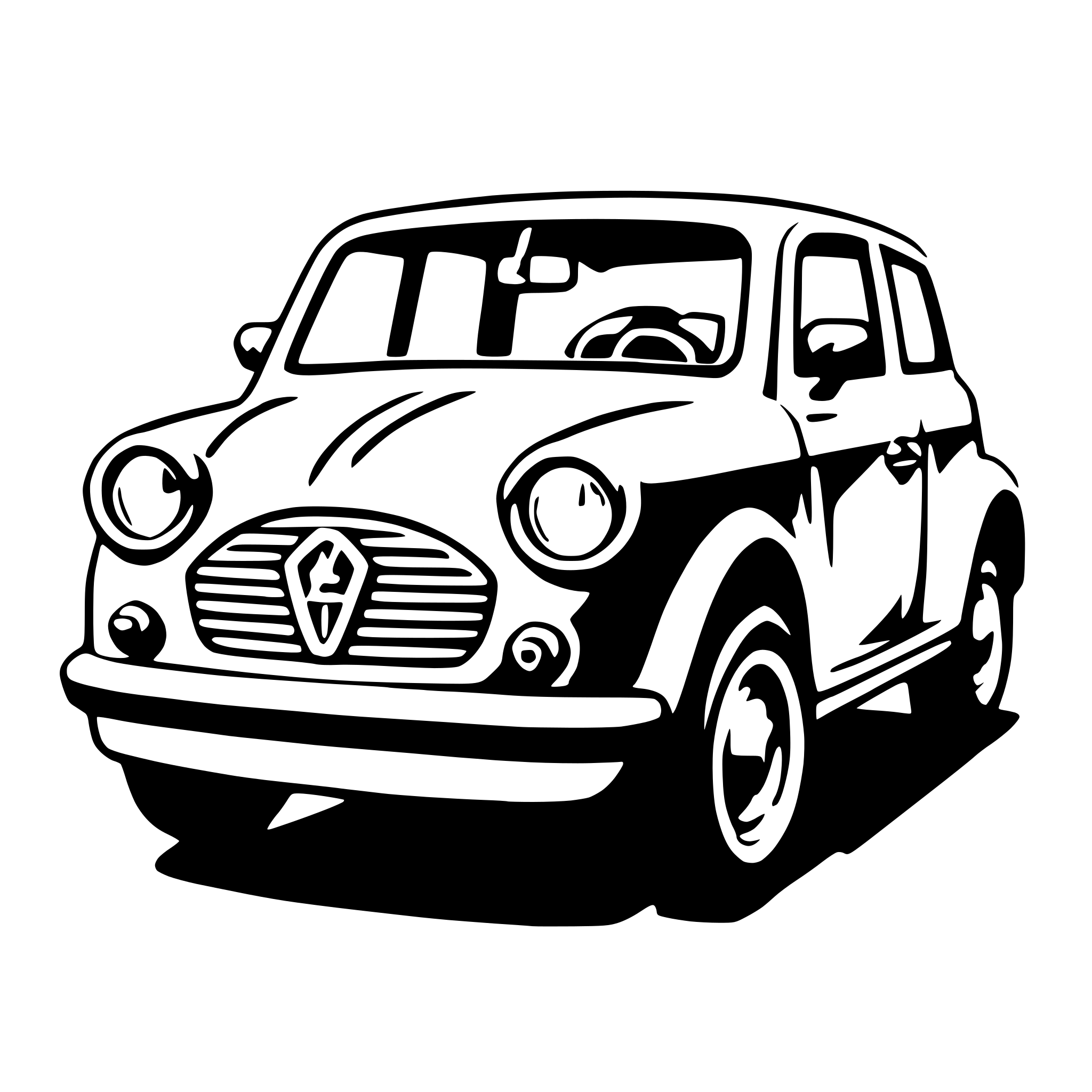 The SVG depicts a stylized, simplified representation of a classic Mini Cooper car. The car is shown from a three-quarter front view, with the front wheel and part of the hood visible. The design is minimalistic, with clean lines and a limited color palette, emphasizing the car's iconic shape and features such as the round headlights, the distinctive grille with the Mini Cooper logo, and the overall compact and boxy silhouette. The car is positioned on a flat surface, and there are no other objects or interactions depicted in the SVG. 