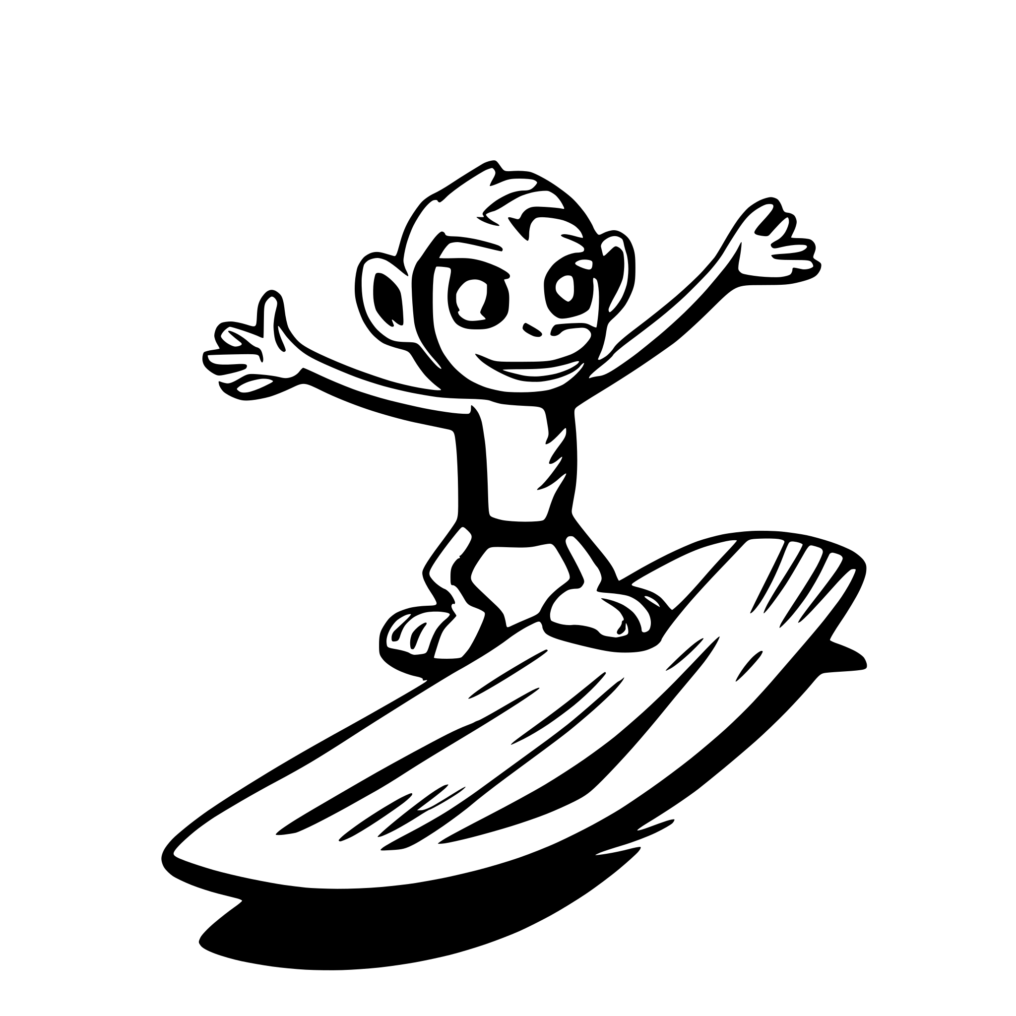 AI-generated SVG of a cartoon monkey riding a wave on a surfboard, trying not to fall off