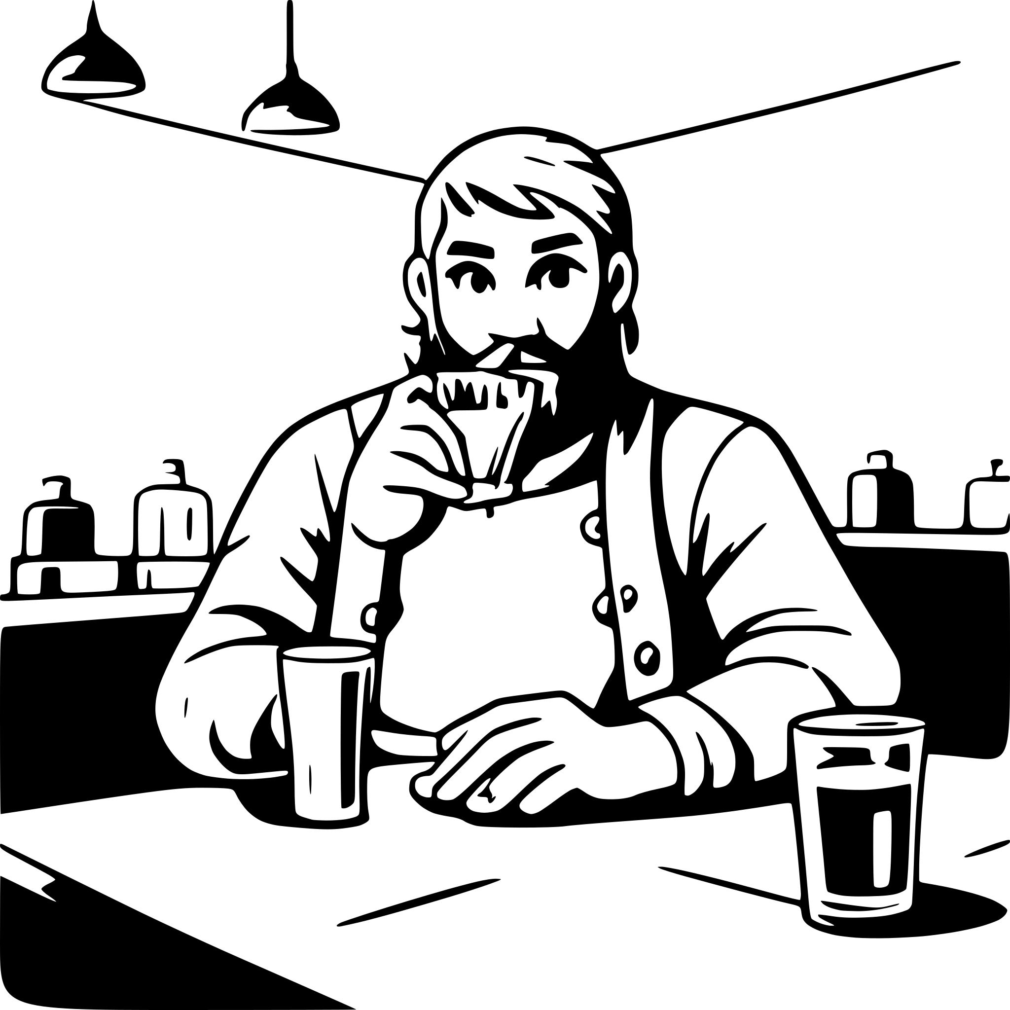 AI-generated SVG of a A person is drinking in a tavern, surrounded by emptiness. The person has a long beard and is wearing casual clothes