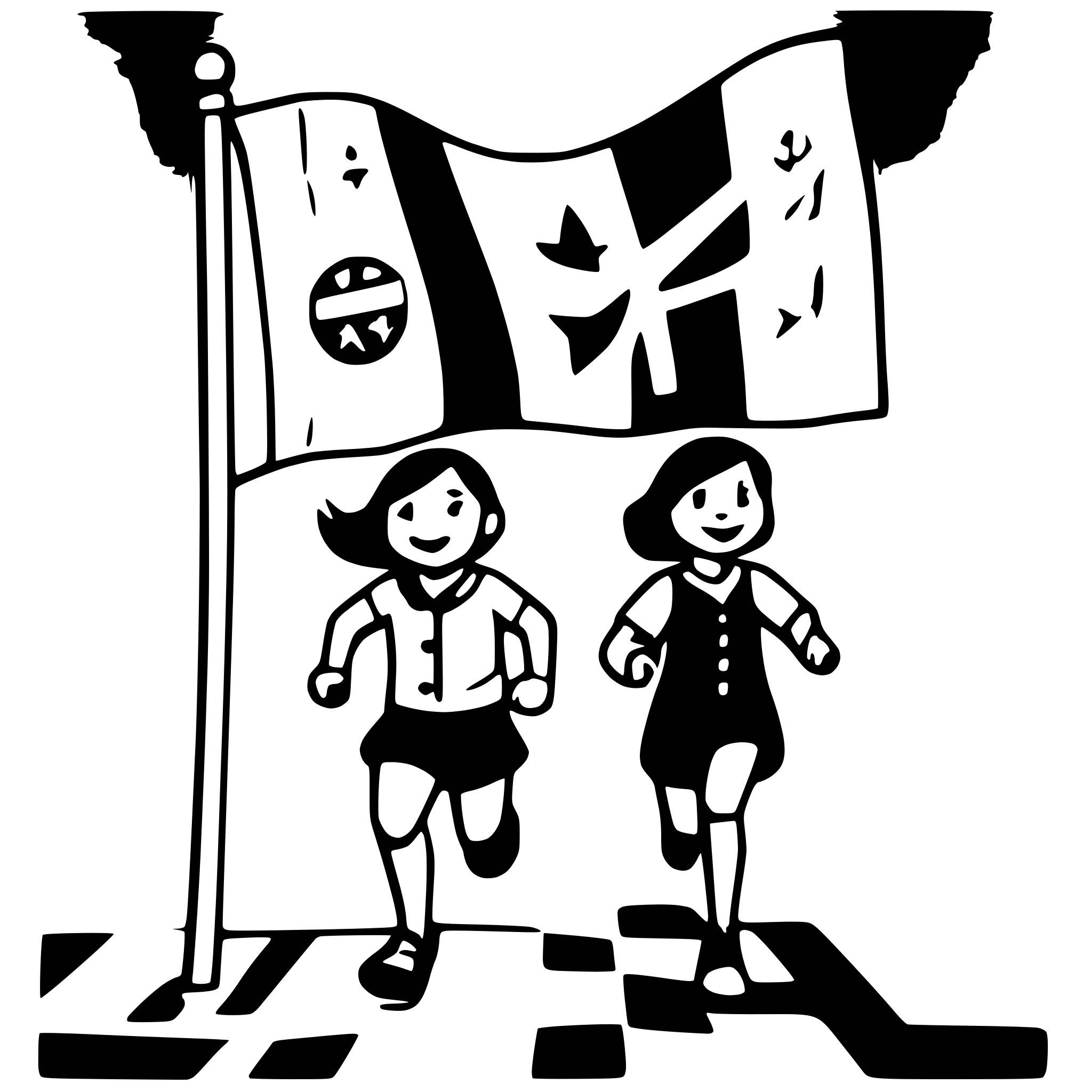 AI-generated SVG of a scout children running around the flag