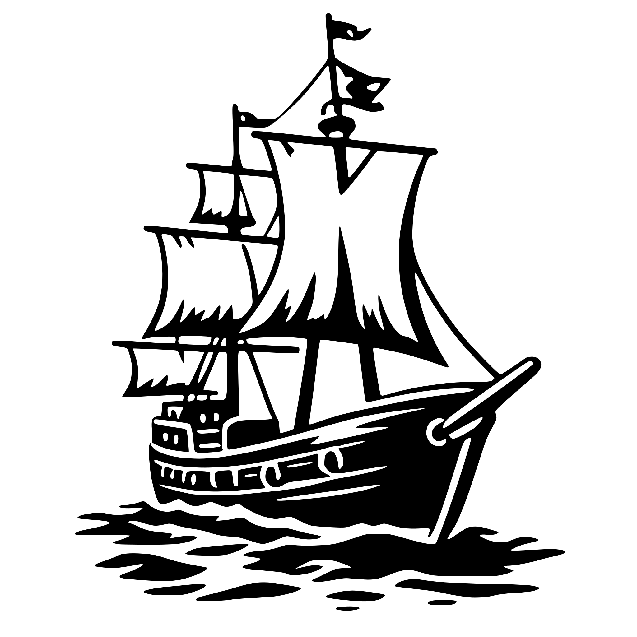 The SVG depicts a stylized black and white illustration of a sailing ship. The ship is shown with its sails unfurled, and it appears to be in motion on water. The ship has multiple masts with sails, and there is a visible crow's nest at the top of the main mast. The ship's hull is visible, and there are decorative elements such as a figurehead at the bow and a stern gallery. The ship is surrounded by water, and there are small waves depicted around it, suggesting movement. The SVG does not contain any text or additional objects. The ship is the central focus of the SVG, and there is no interaction between the ship and other objects, as it is a standalone illustration. 