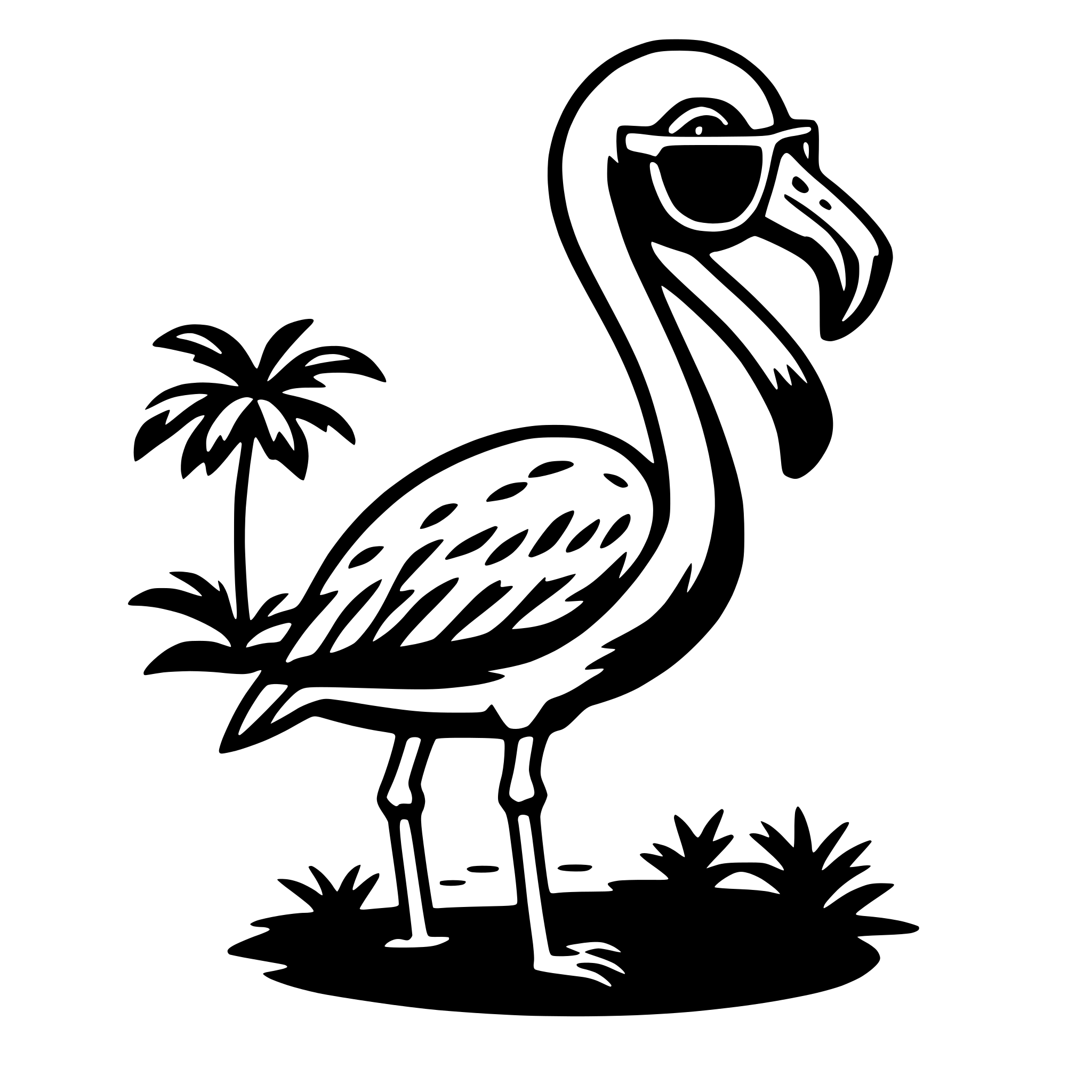 The SVG features a stylized depiction of a flamingo. The flamingo is standing on one leg, with the other leg tucked under its body. It is wearing a pair of sunglasses, giving it a whimsical or anthropomorphic appearance. Behind the flamingo, there is a small palm tree with a few leaves. The flamingo is positioned on a patch of grass, and the background is plain white, which contrasts with the black outline of the flamingo and the tree. The SVG has a simple, cartoon-like style, with no additional text or elements. 