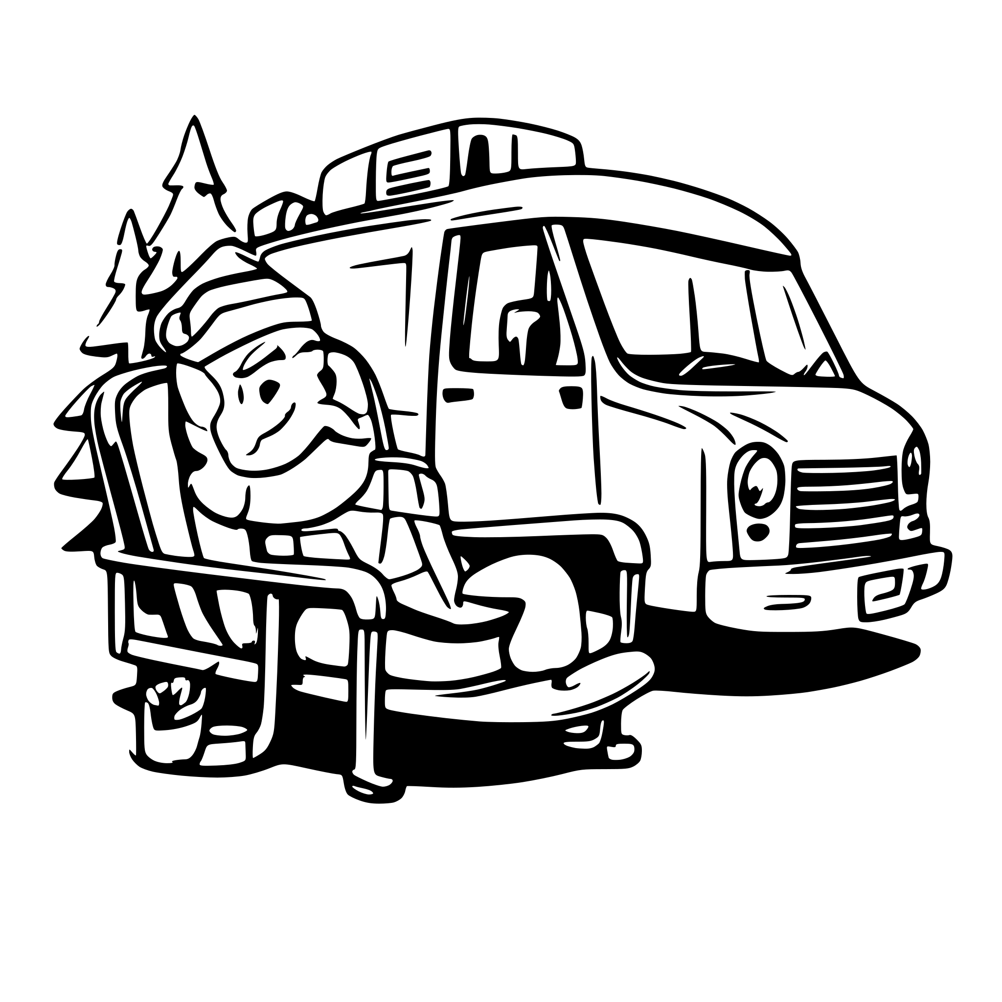 AI-generated SVG of a santa reclining in a camping chair next to a camper.  the camper is being pulled by reindeer.