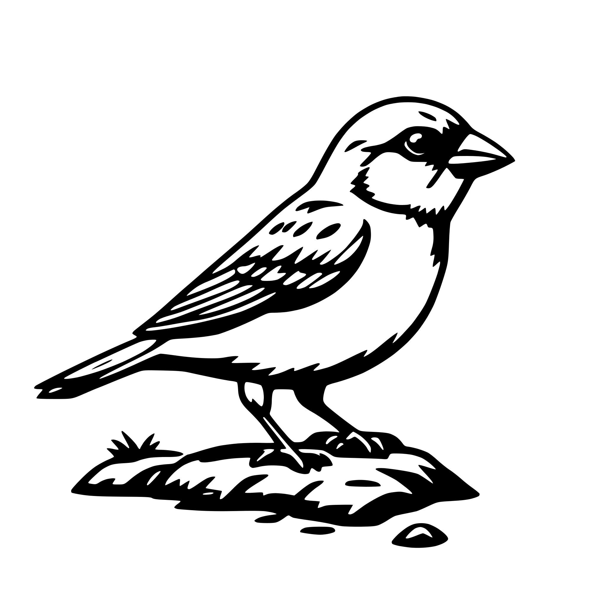 The SVG depicts a simple line drawing of a bird perched on a branch. The bird has a round head with a small beak, a body with a pattern of lines suggesting feathers, and a tail. The branch has a few lines indicating texture and a small leaf at the end. The bird is facing to the right, and the branch extends to the left. The SVG is minimalistic and does not contain any additional elements or background details. 