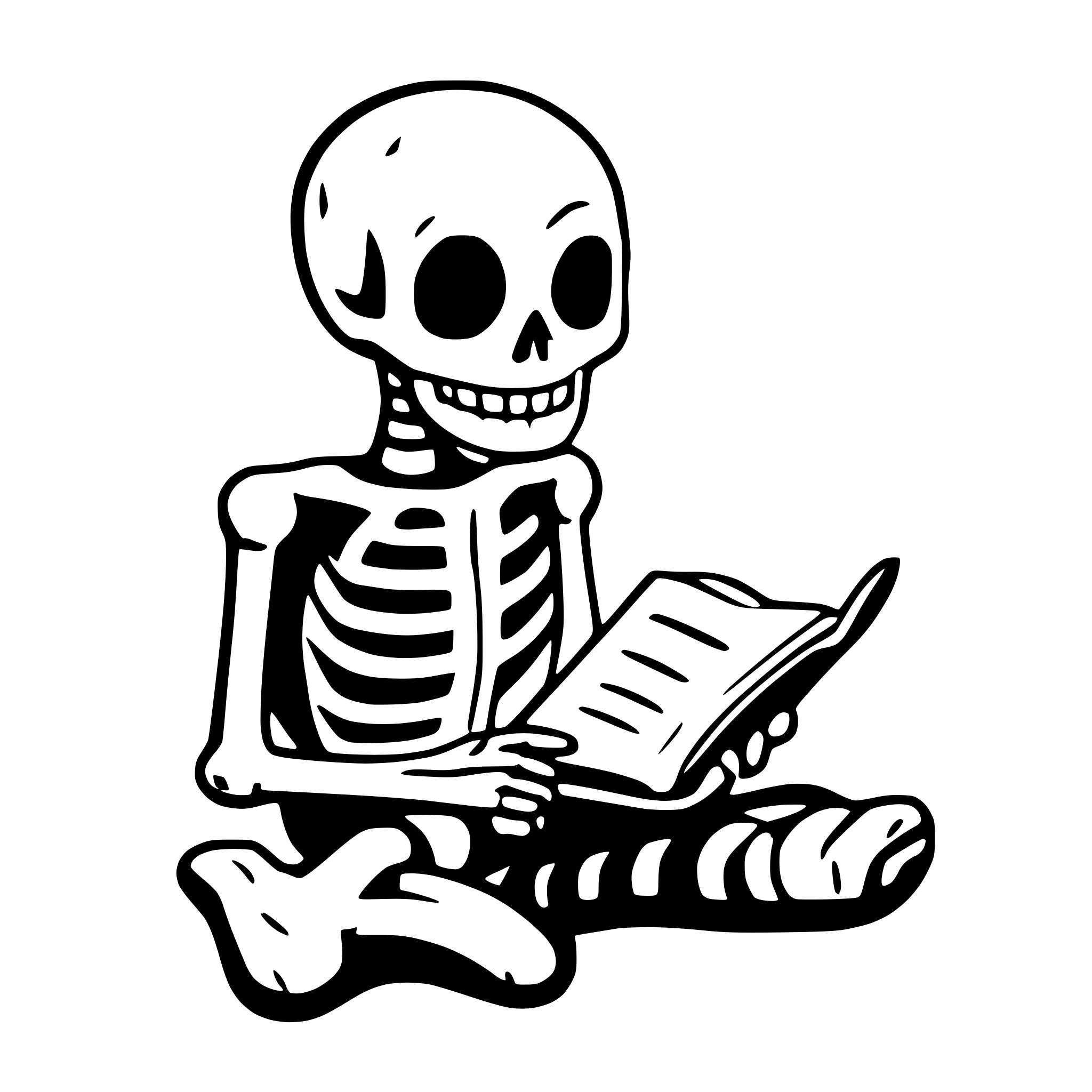 AI-generated SVG of 'skeleton reading a book'