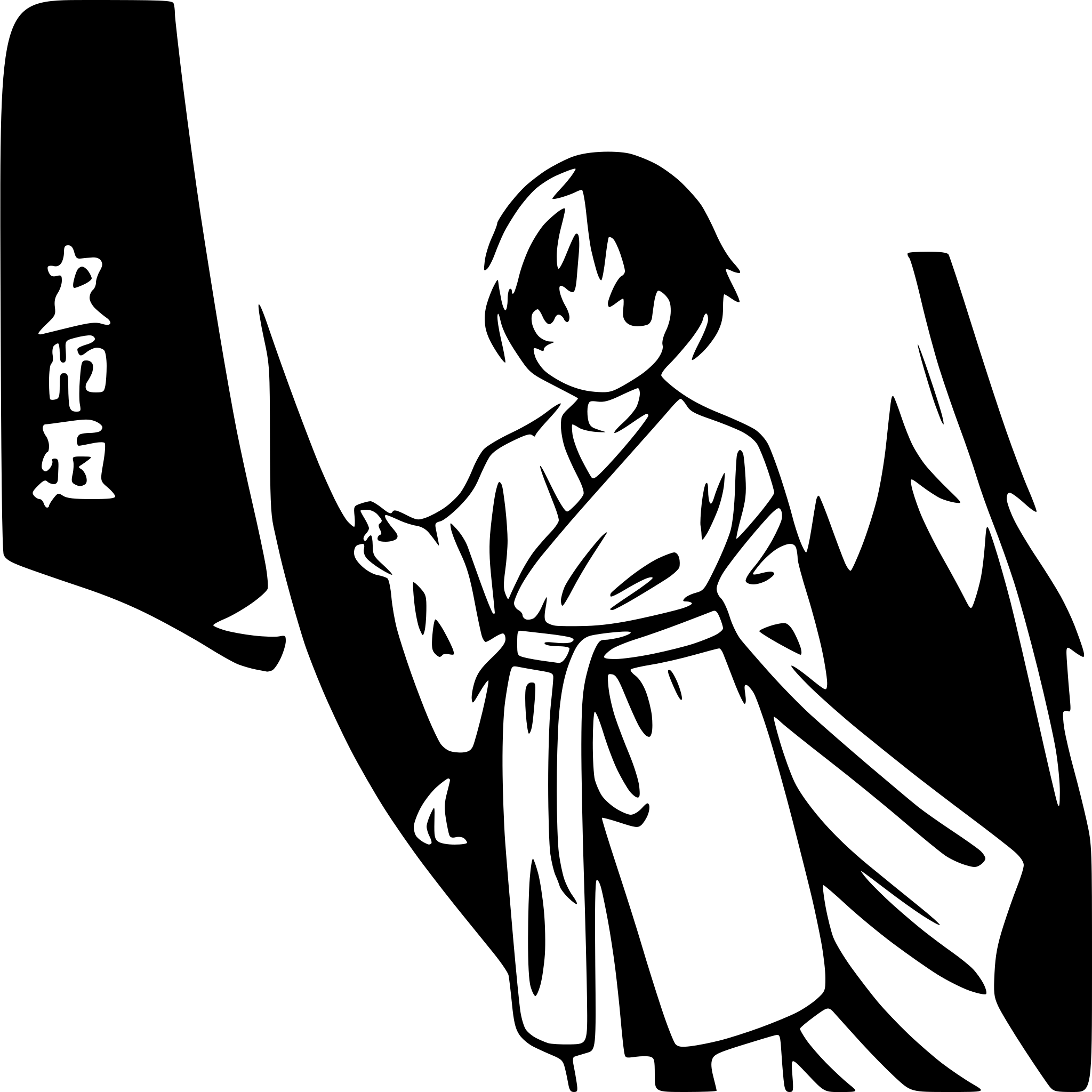 AI-generated SVG of a Kijimuna  is a 15 years old from Okinawa. A bit mischievous but friendly. he is wearing a Yukata. he is perched in a banyan tree. He watches a user curiously. the user is not visible on the image. Small woodland spirits flutter around Kijimuna have take the aspect of small floating kanji