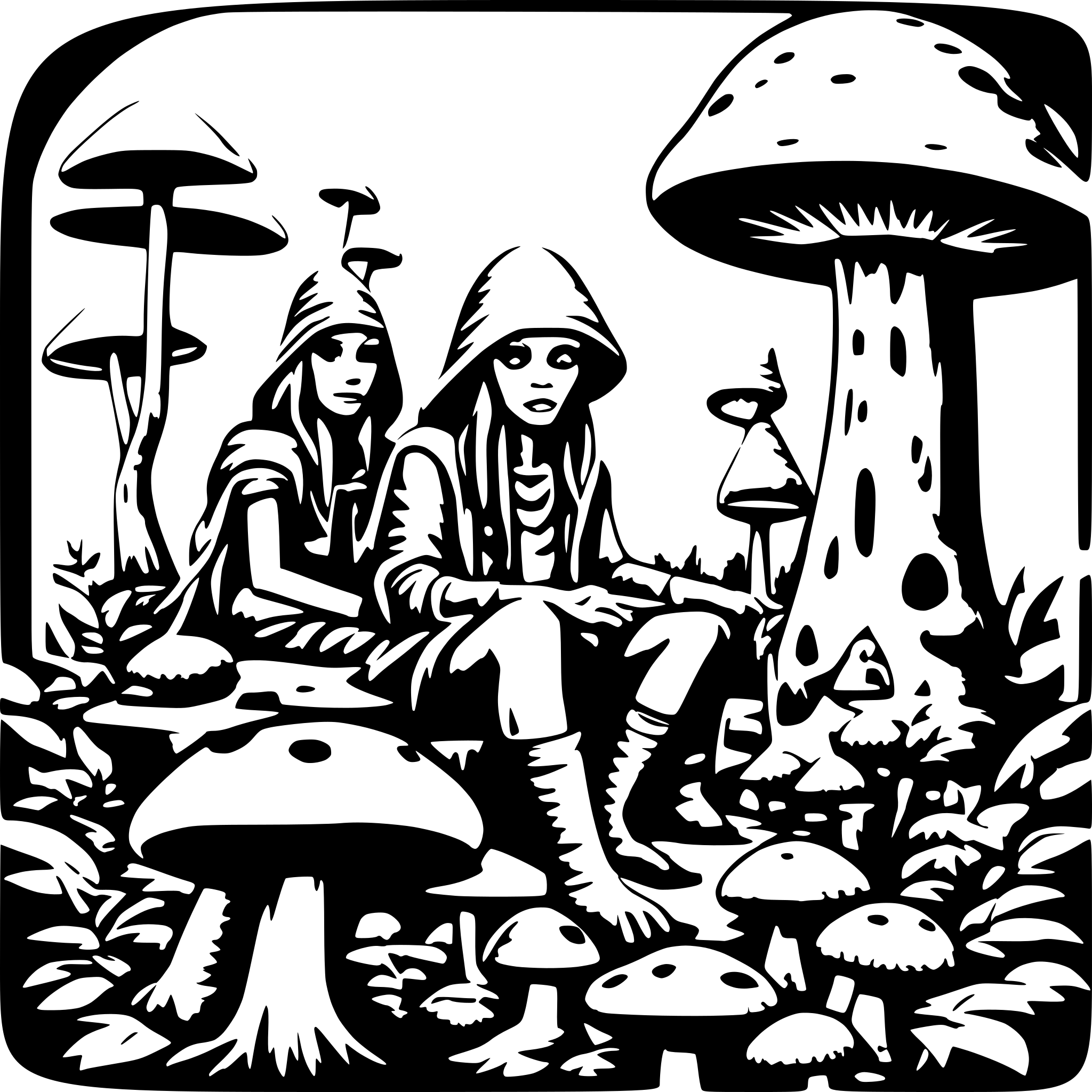 AI-generated SVG of a Aliens sitting on mushrooms in a psychedelic forest and wizard