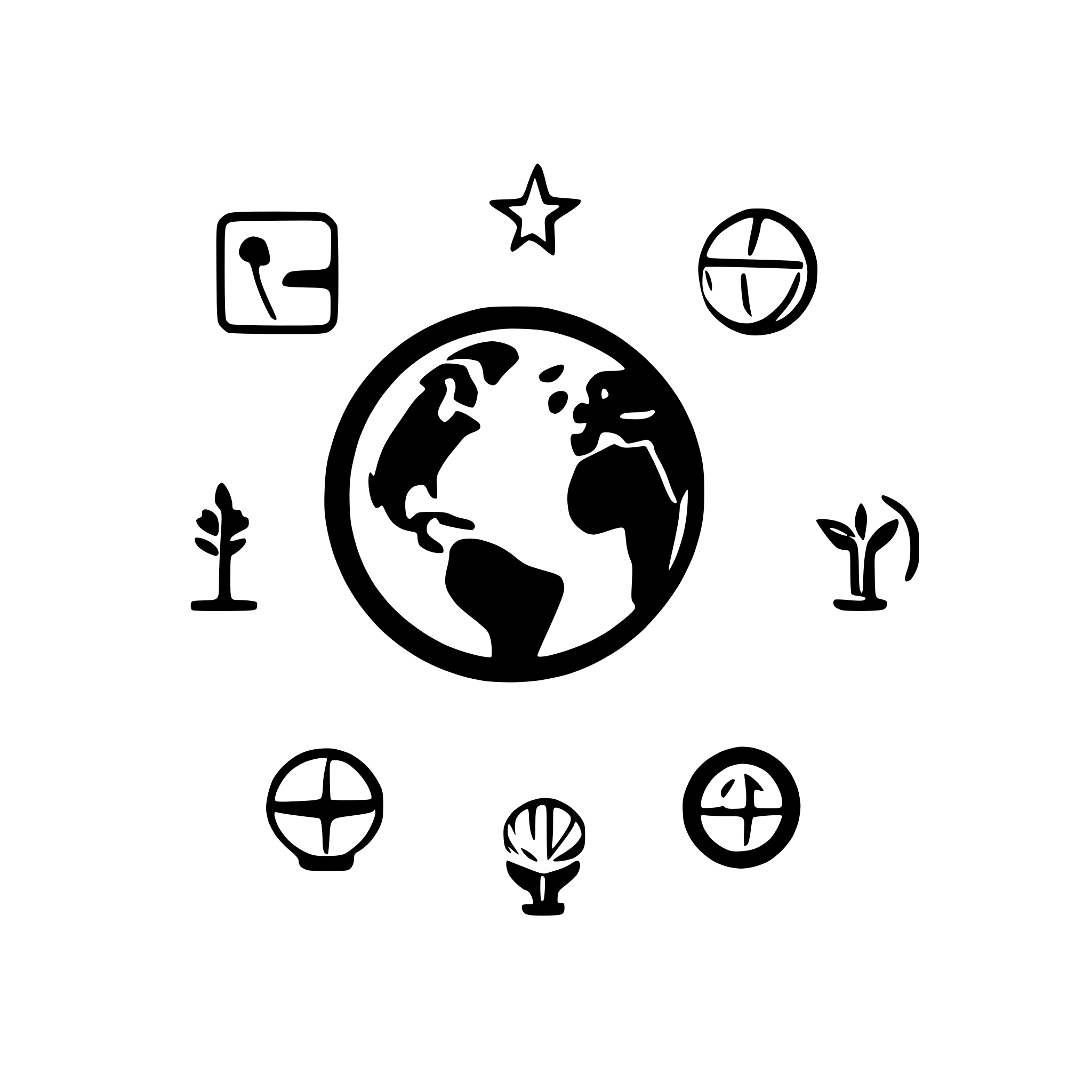 AI-generated SVG of a Five different icons showing the globe from a different angle. Globe focal point respectively on: Americas, Europe, Africa, Asia, and Oceania