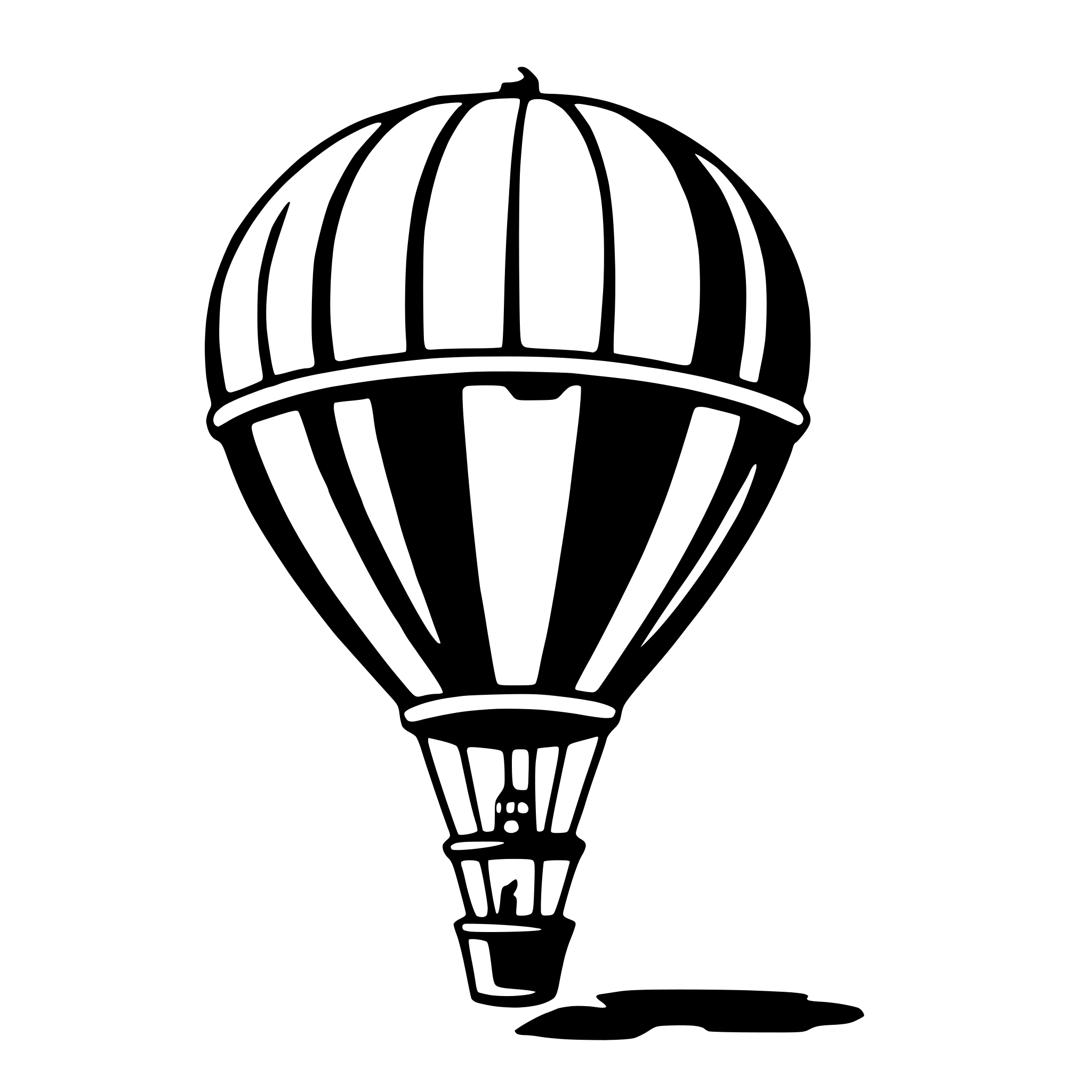 The SVG depicts a stylized hot air balloon. The balloon is shown with a basket at the bottom, which is typically used to hold passengers and a pilot. The balloon has a series of vertical ribs that give it structure and help it maintain its shape. The balloon is floating in the air, suggesting that it is filled with hot air, which is the principle that allows it to rise. The balloon is the central object in the SVG, and there are no other objects or interactions depicted. 