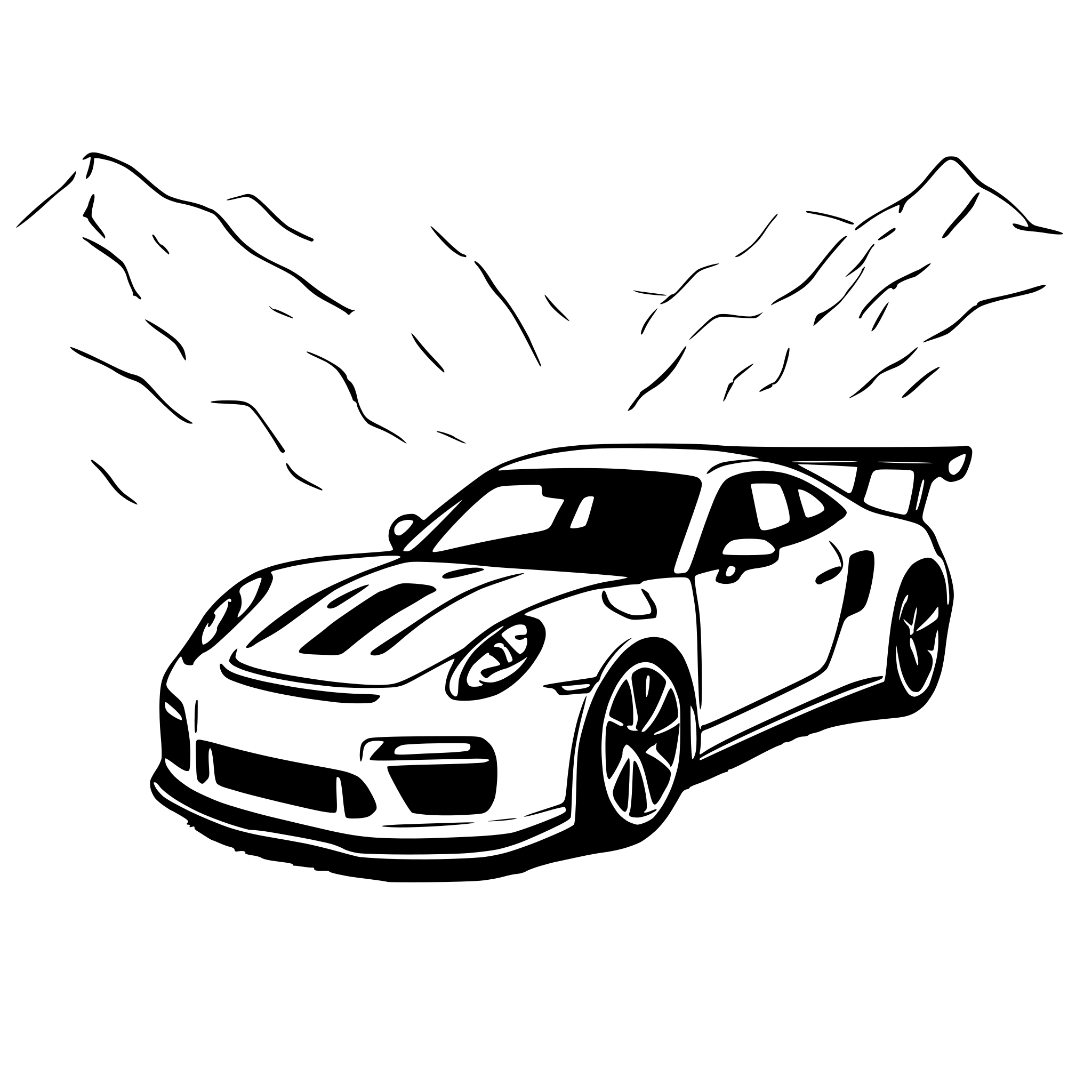 AI-generated SVG of a Porsche 911 gt3 rs with mountains in the background