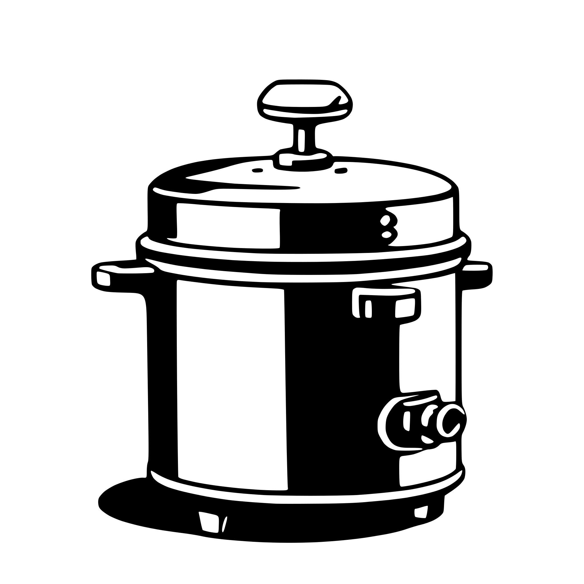 The SVG shows a simple, stylized illustration of a pressure cooker. The pressure cooker has a cylindrical shape with a rounded top and a flat bottom. It features a handle on one side and a spout on the other. The illustration is in black and white, with no additional details or text. The pressure cooker is the central object in the SVG, and there are no other objects or interactions depicted. 