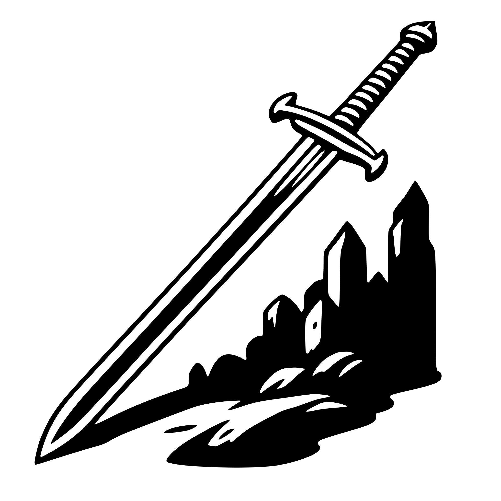 The SVG features a stylized sword with a pointed tip and a curved blade, resting on a surface that appears to be a stylized representation of a cityscape or a collection of geometric shapes. The sword is positioned diagonally, with the blade pointing towards the top right corner of the SVG and the hilt towards the bottom left corner. The cityscape or shapes beneath the sword are depicted in a simplified, black-and-white line drawing style, with no shading or color detail. The sword and the cityscape or shapes are the main objects in the SVG, and their interaction is that the sword is placed on top of the cityscape or shapes, suggesting a theme of conflict or power. 