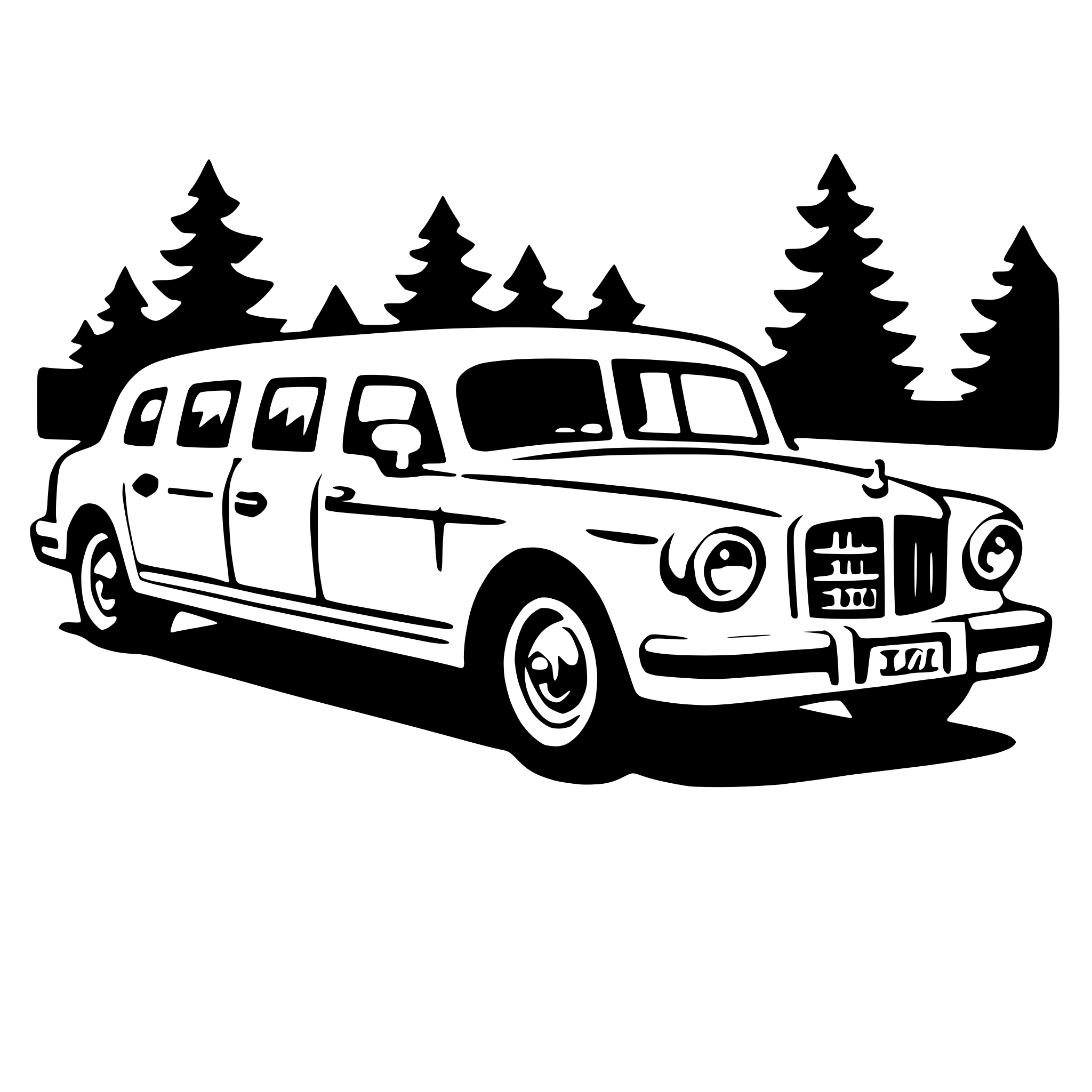 The SVG depicts a classic, long-wheelbase car parked on a road with a forested background. The car is a vintage model, characterized by its elongated hood, rounded body, and prominent grille. The design is simplistic, with solid black outlines and white fill, giving it a stylized appearance. The car is positioned at an angle to the viewer, with the front facing towards the right side of the SVG. The background features silhouettes of trees, suggesting a natural, wooded setting. The overall style of the SVG is reminiscent of a classic road trip poster. 