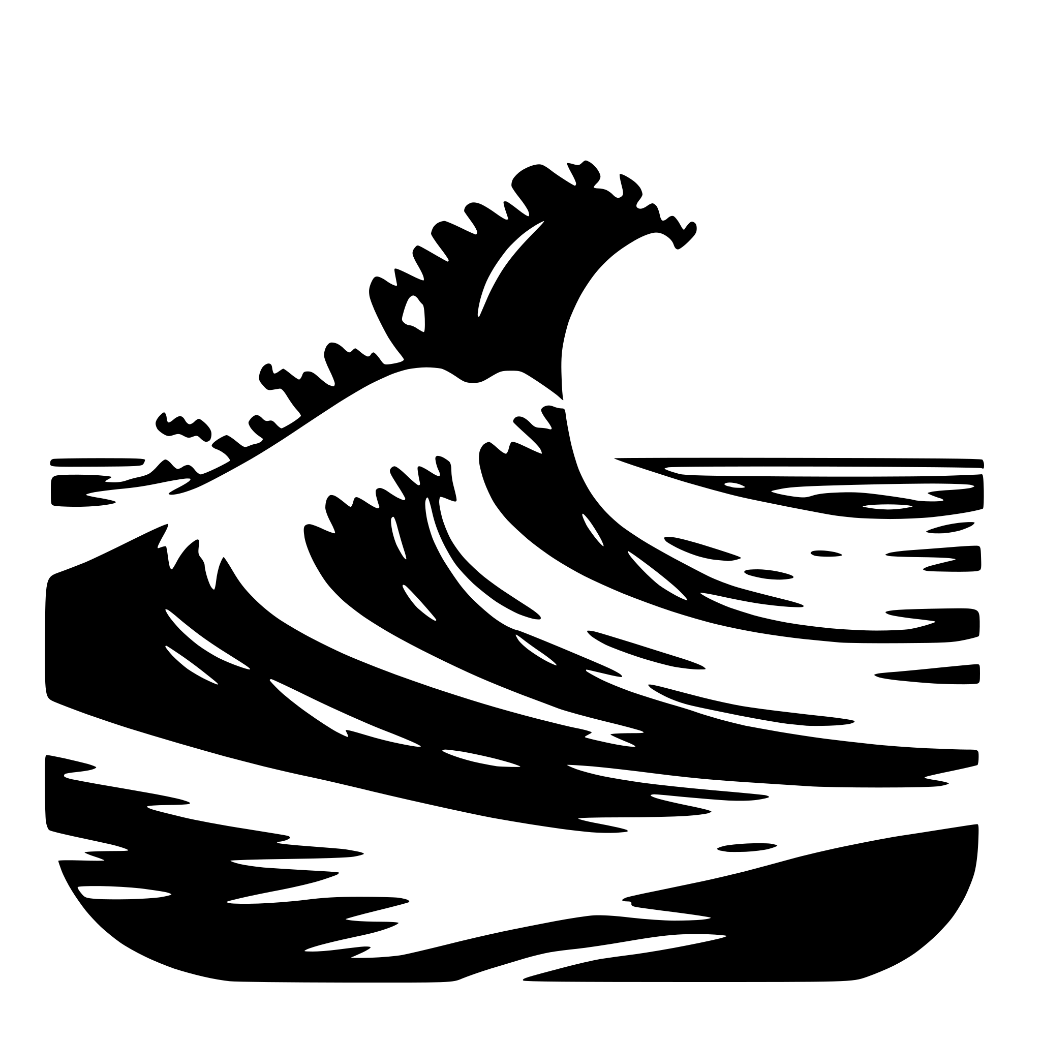 The SVG depicts a stylized black and white illustration of a wave. The wave is depicted with a crest that is curling over, suggesting movement and energy. The wave is set against a background that appears to be a simplified representation of the ocean, with horizontal lines that could represent ripples or waves in the distance. The overall design is minimalistic and uses negative space to create the impression of the wave. The SVG does not contain any text or additional objects, and the main focus is on the wave itself. 