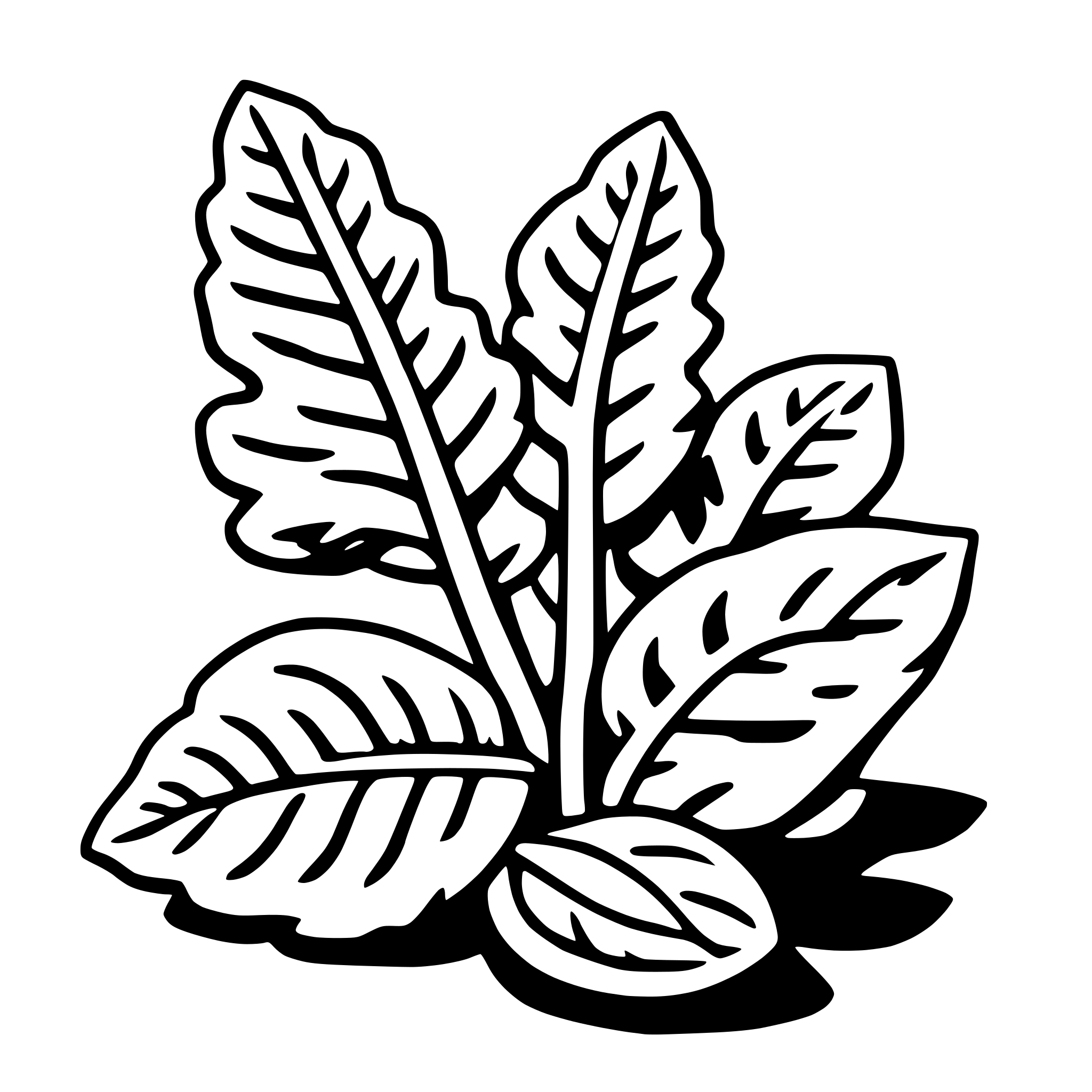 The SVG depicts a stylized illustration of a plant with large, elongated leaves and a central, rounded seed pod. The leaves are arranged in a symmetrical pattern, with the seed pod at the center. The plant is outlined in black, and the interior of the leaves and the seed pod is filled with a lighter shade, creating a simple yet detailed representation of a plant. The style is minimalistic and appears to be designed for a logo or icon, given its clean lines and lack of texture or shading. 