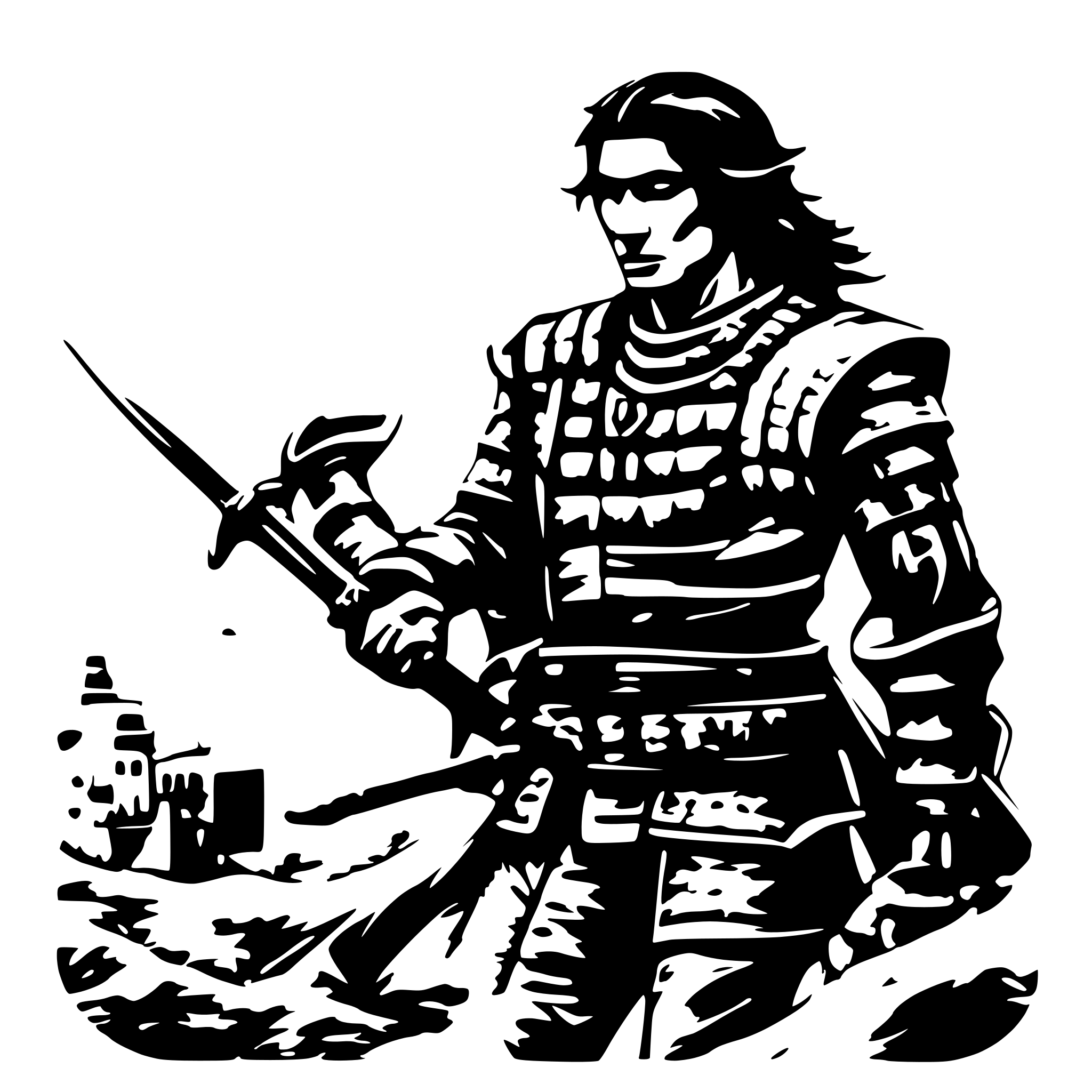 AI-generated SVG of a A SAMURAI IN FIGHT POSITIOPN, AND IN HIS BACK, HIS FACE LLOKING RIGHT TOWARD THE CAMERA