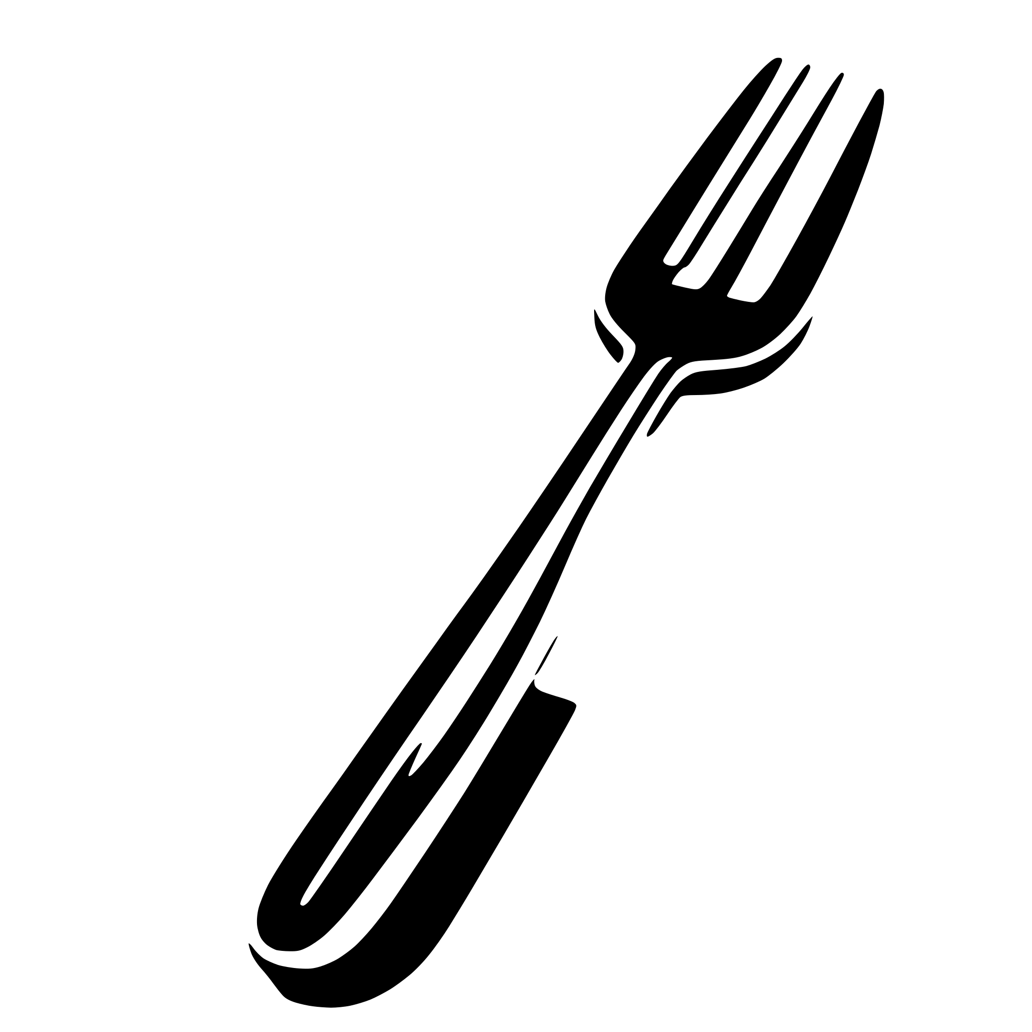 The SVG shows a simple, stylized black fork against a white background. The fork is depicted in a minimalist manner, with a single tine visible on the right side. The design is flat with no shading or depth, emphasizing its two-dimensional nature. The fork is oriented diagonally from the top left to the bottom right of the SVG. There is no interaction between the fork and the background, as the SVG is static with no implied movement or action. 