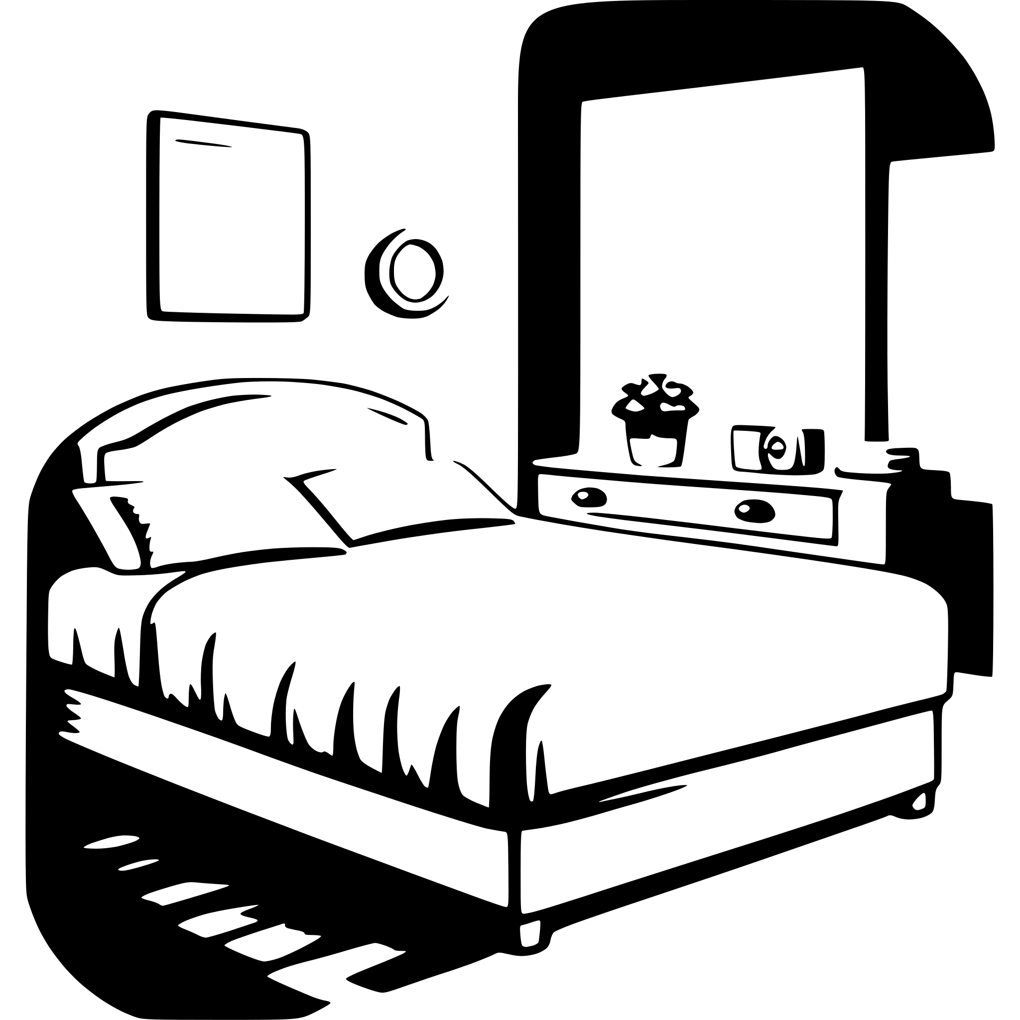 The SVG depicts a simple, stylized bedroom scene. The main objects include a bed with a pillow and a blanket, a nightstand with a lamp and a small plant, and a mirror. The bed is positioned against a wall, and the nightstand is placed next to it. The mirror is mounted on the wall above the nightstand. The lamp on the nightstand is turned off, and the plant is in a small pot. The overall style is minimalistic and cartoonish, with solid black outlines and white fill. There is no interaction between the objects; they are static and stationary. 