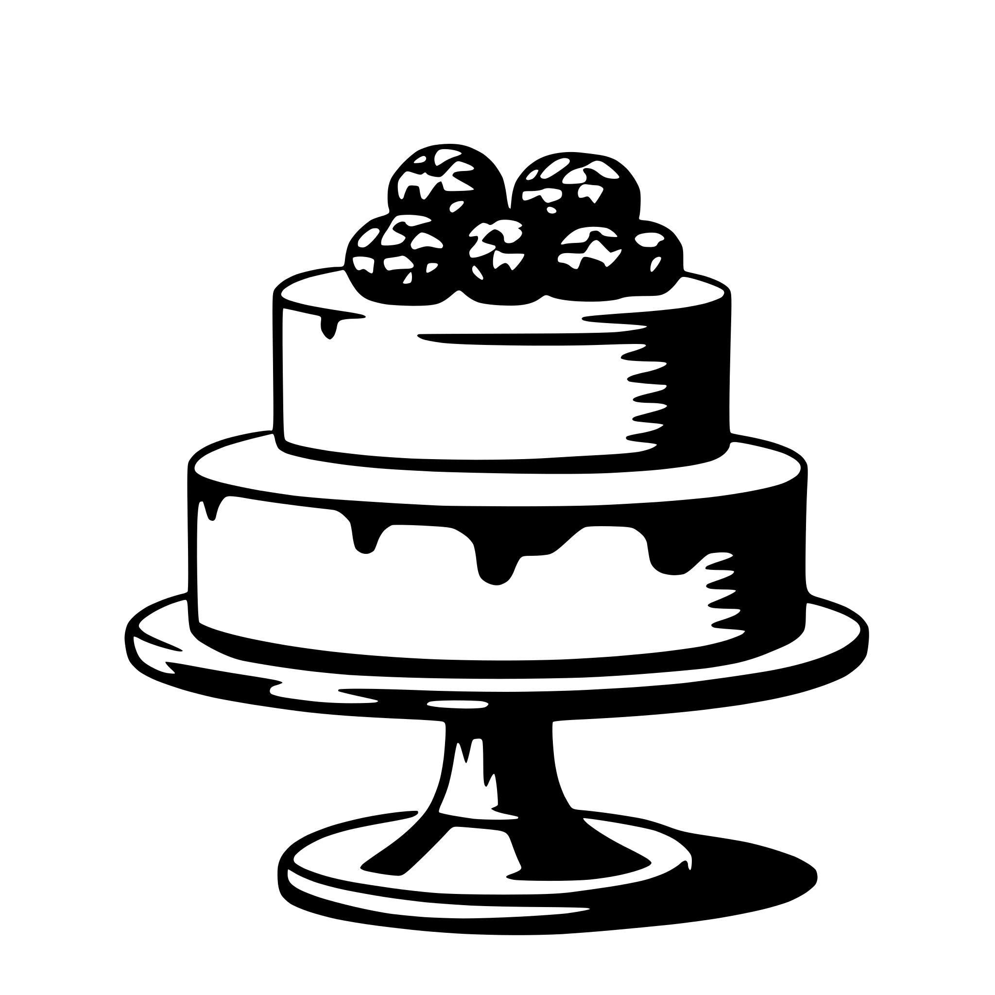 The SVG depicts a three-tiered cake with a glossy icing finish, topped with three dark berries. The cake is placed on a stand with a base that appears to be a darker shade than the cake itself. The style of the SVG is a simple line drawing with shading to suggest depth and texture. The berries are detailed with a pattern that suggests a glossy surface. The cake and berries are the main objects in the SVG, and there is no interaction between them; they are static. 