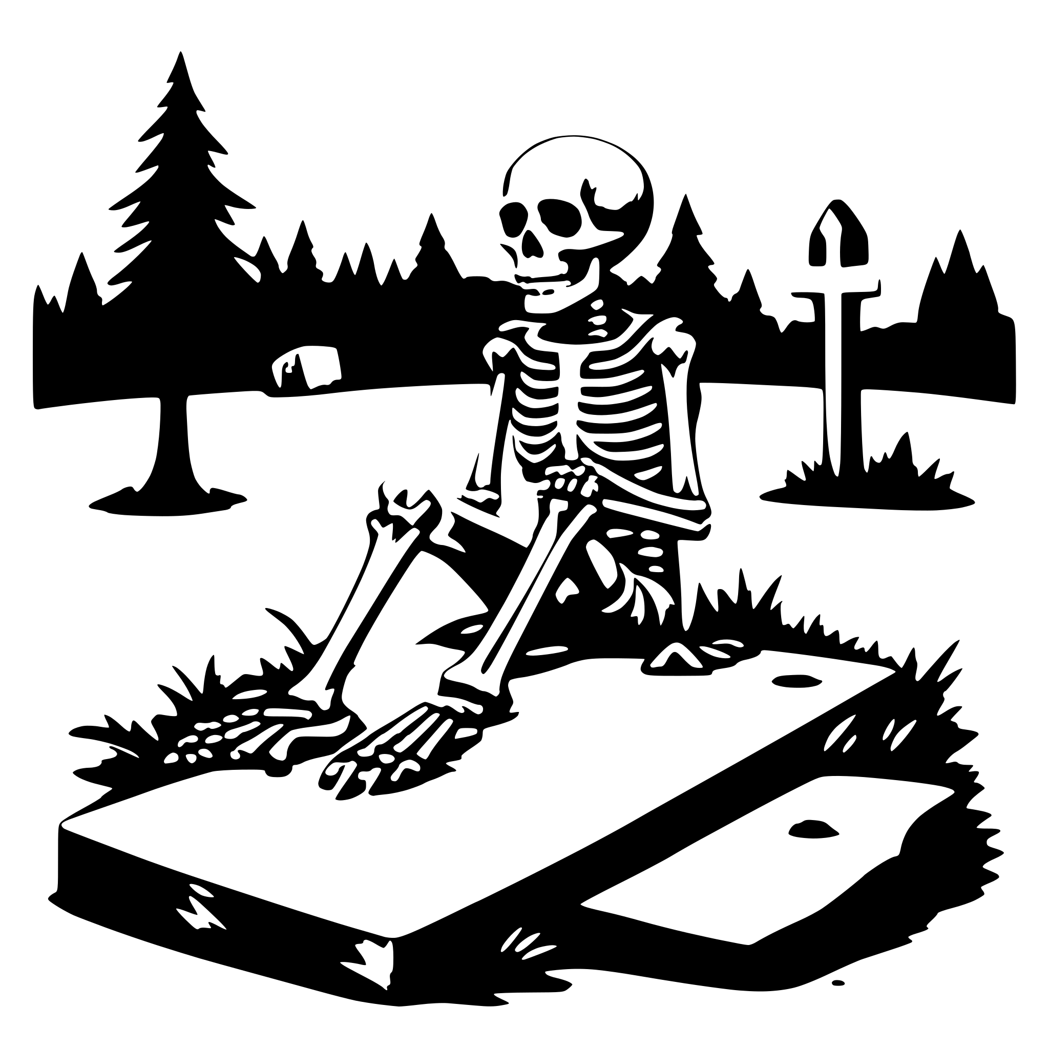 AI-generated SVG of a a skeleton sitting on a grave an reading