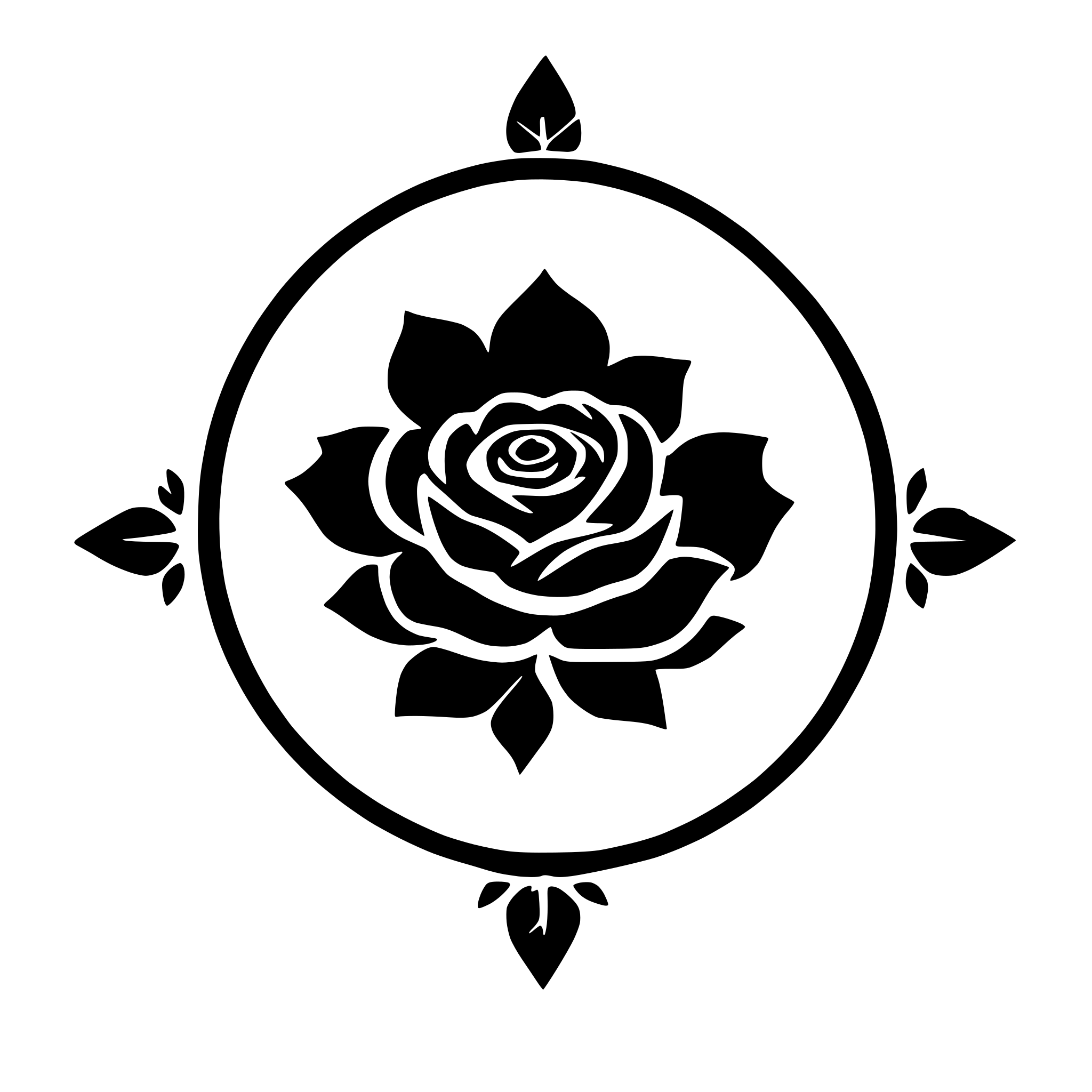 AI-generated SVG of 'A japanese kamon with natural theme, has a rose imagery, shaping a circle, black color in white background, showing nuance of calm and patience'