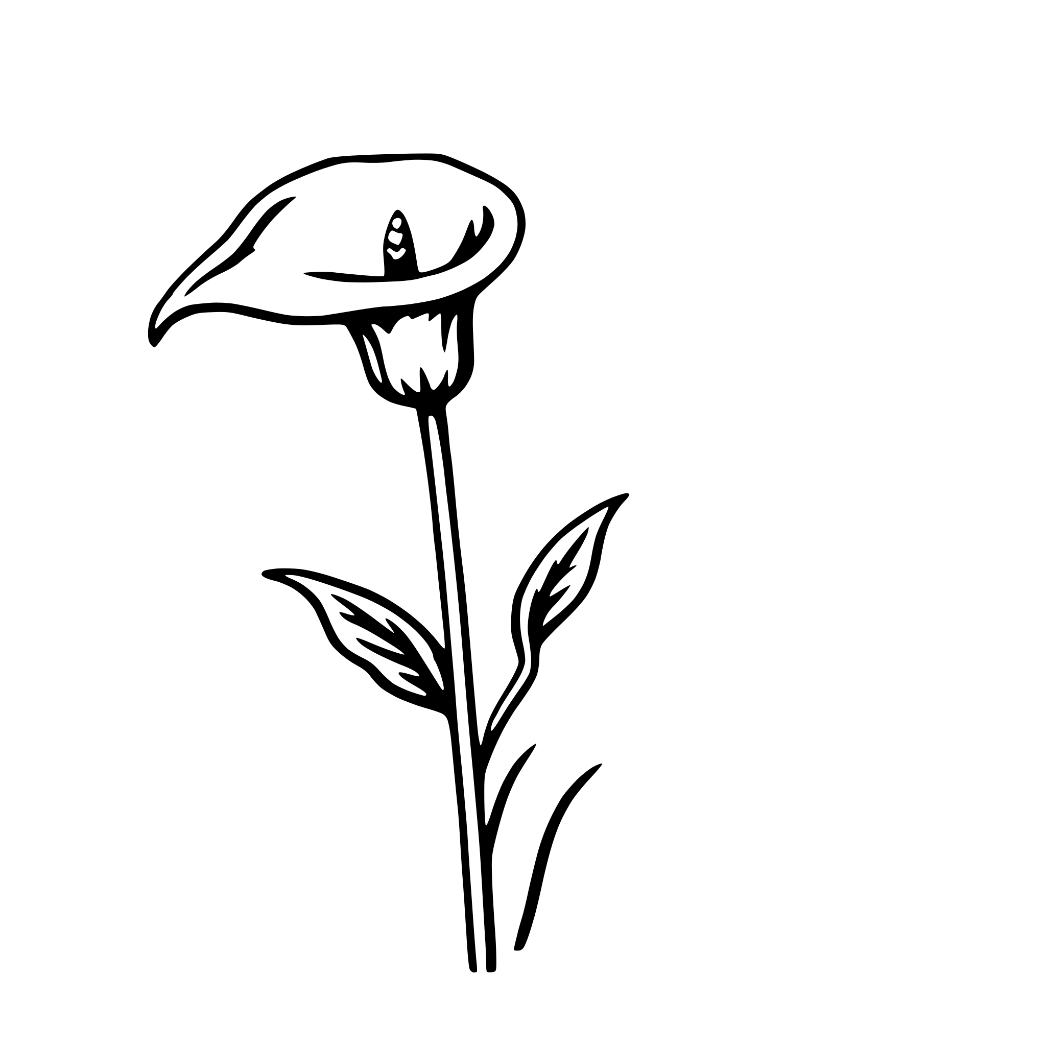The SVG shows a simple line drawing of a flower with a single petal and a stem with two leaves. The petal is elongated and has a pointed tip, while the stem is straight and ends in a small bulb at the bottom. The leaves are oval-shaped with a pointed tip and are attached to the stem at the top. The drawing is minimalistic and does not include any additional details or text. 