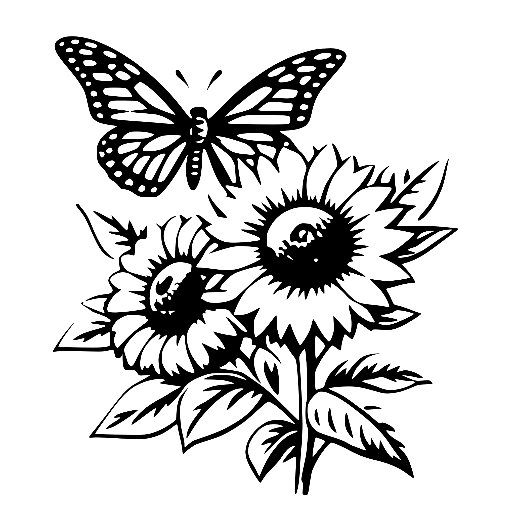The SVG features a stylized black and white illustration of a butterfly and a sunflower. The butterfly is depicted in a realistic style with its wings spread out, and it appears to be flying towards the sunflower. The sunflower is illustrated with a detailed center and multiple petals, and it is positioned with the butterfly in the background, suggesting a sense of movement and interaction between the two elements. The overall design is simple yet elegant, with a clear focus on the butterfly and the sunflower. 