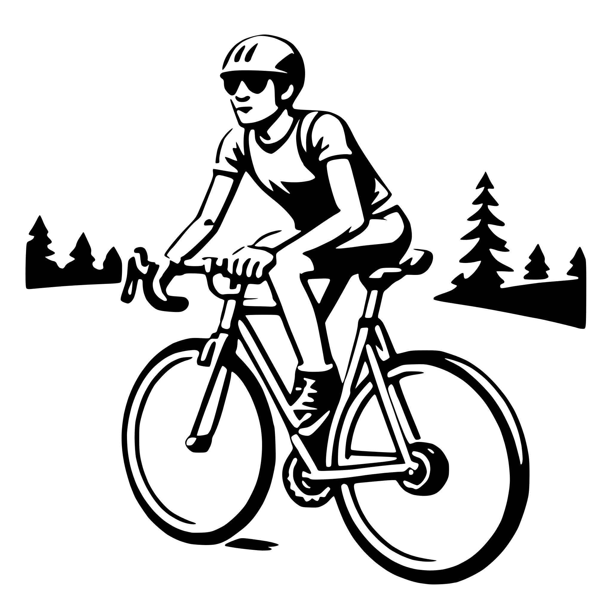 The SVG depicts a stylized black and white illustration of a person riding a bicycle. The cyclist is wearing a helmet and sunglasses, and is dressed in a short-sleeved shirt and shorts. The bicycle has two wheels, a seat, handlebars, and a chain. The background features a simplified landscape with trees and a horizon line. The cyclist appears to be in motion, with one hand on the handlebars and the other on the bicycle frame, suggesting a dynamic pose. The SVG does not contain any text. 