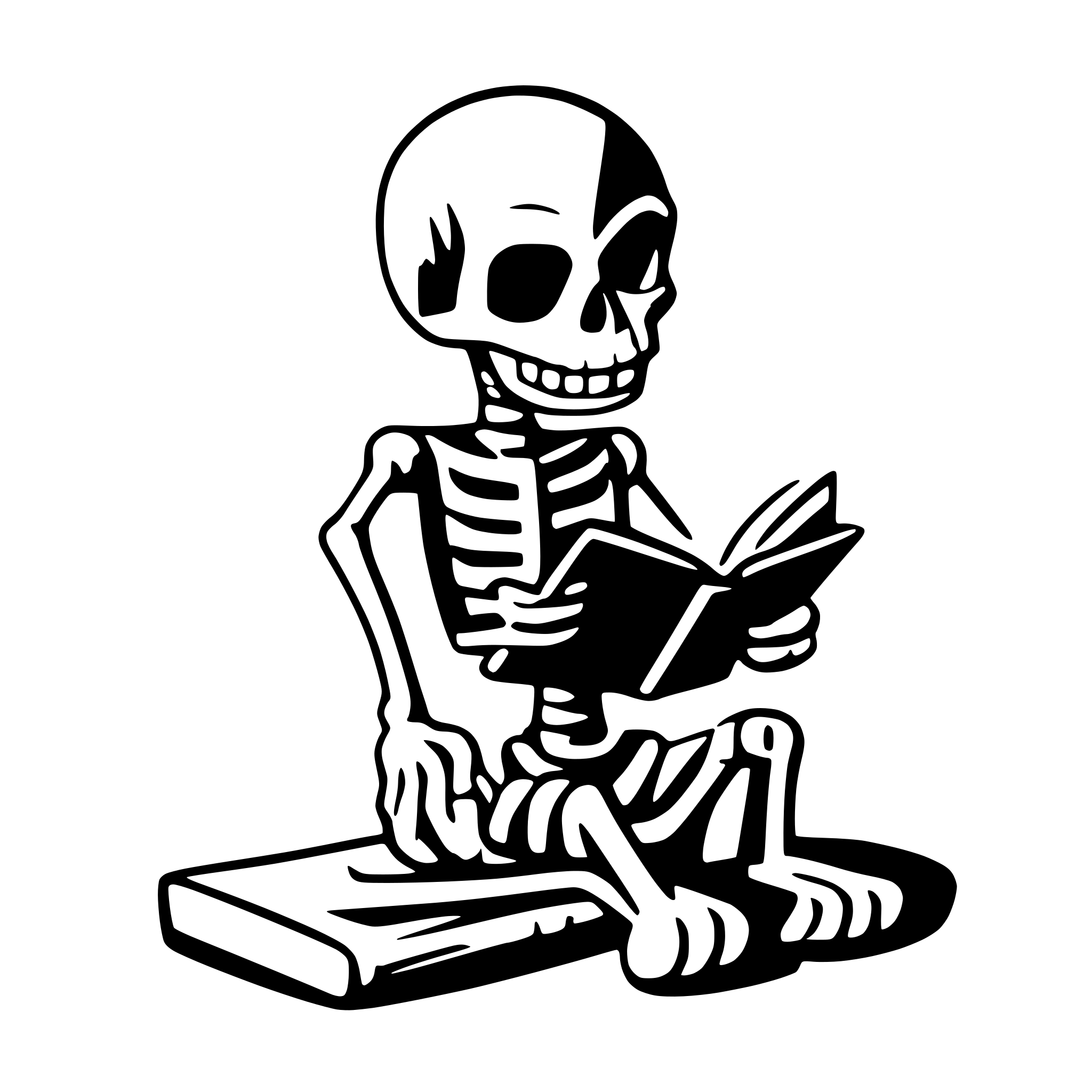 AI-generated SVG of 'skeleton reading a book'