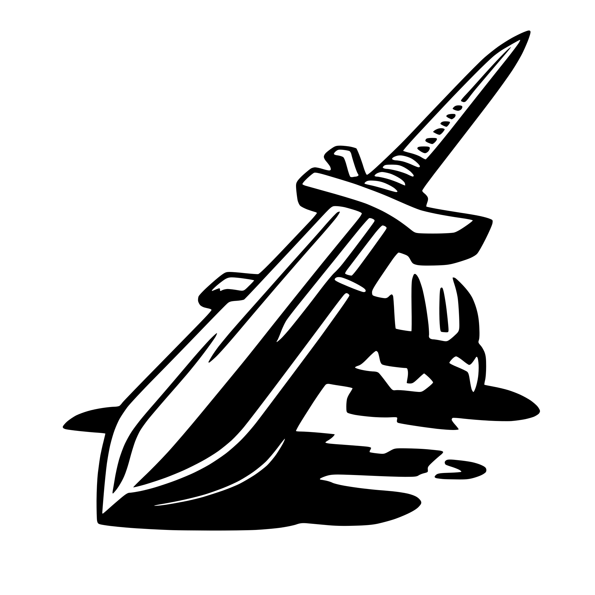 The SVG depicts a sword with a curved blade and a pointed tip, resting on a surface that appears to be wet or reflective, as indicated by the reflection of the sword. The sword is positioned diagonally, with the blade pointing downwards and the hilt pointing upwards. The handle of the sword is visible and appears to be made of a material that could be wood or metal. The sword is the central object in the SVG, and its position suggests it has been placed there intentionally. The reflection of the sword adds a sense of depth and realism to the SVG. 