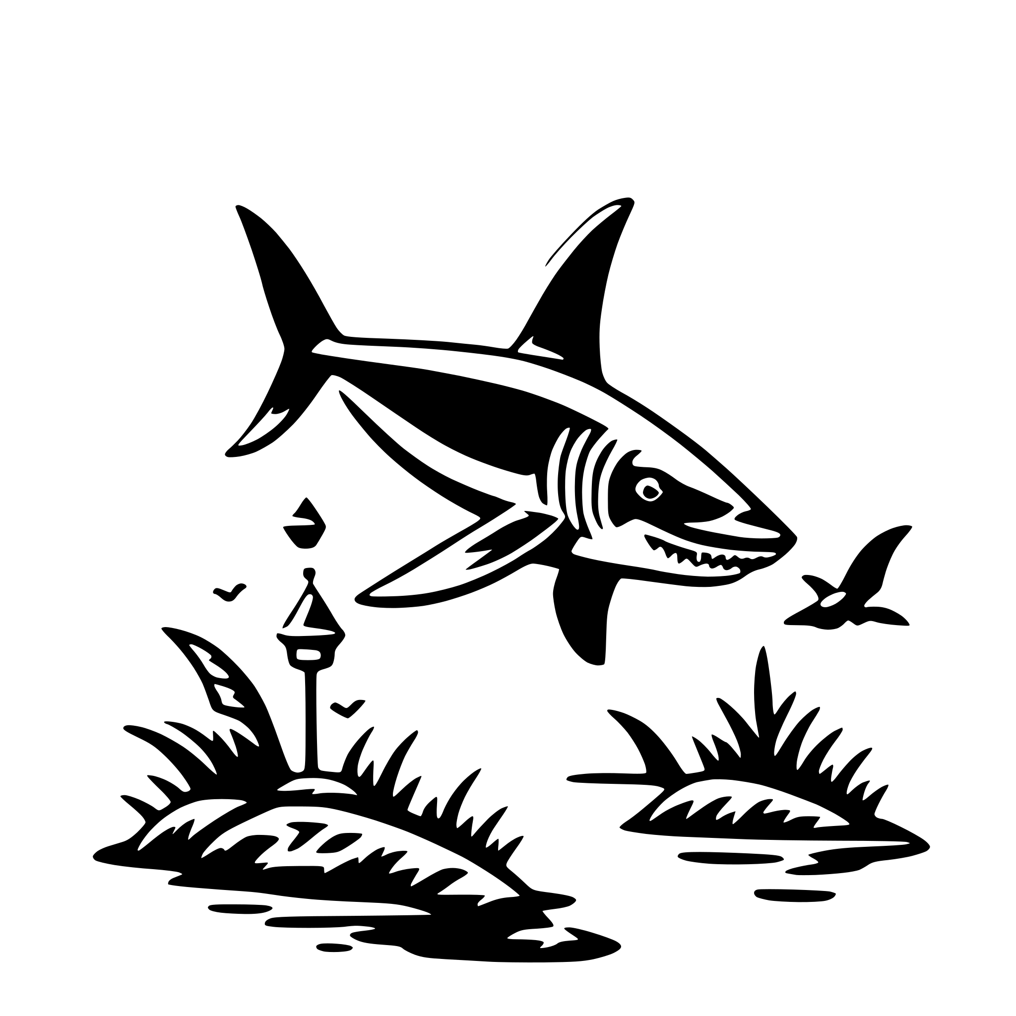 The SVG depicts a stylized shark leaping out of the water towards a small island. The shark is shown with a prominent dorsal fin and a tail fin, and its mouth is open as if it is in the process of jumping. Below the shark, there is a small island with a lighthouse on it. The lighthouse has a pointed top and is surrounded by grass and a small bird perched on a branch. The bird is looking towards the shark. The overall scene suggests a dynamic interaction between the shark and the island, with the shark seemingly attempting to reach the lighthouse. 