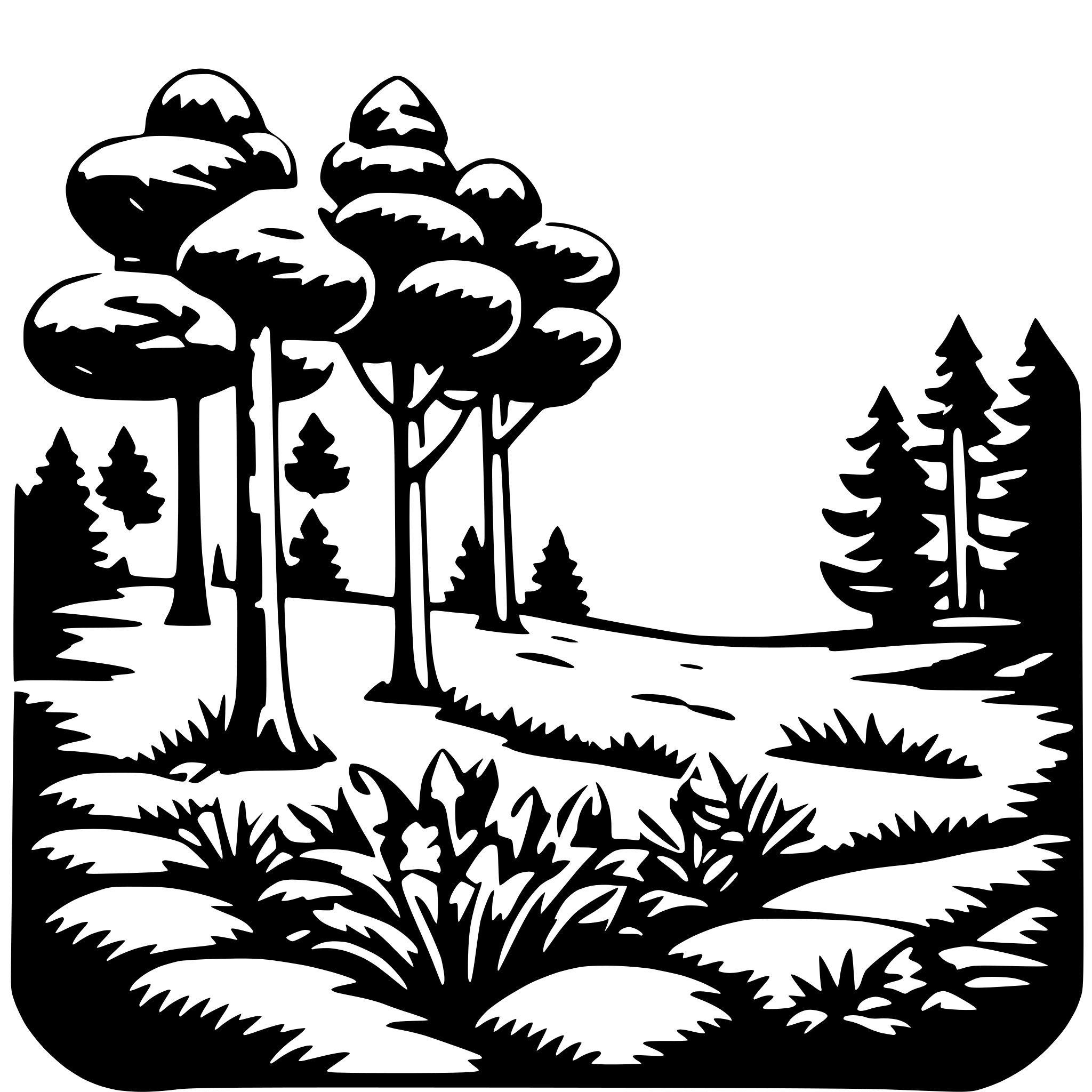 The SVG depicts a stylized, black and white illustration of a forest scene. The main objects include a group of trees with rounded canopies, a path leading through the trees, and a variety of plants and grasses at the forefront. The trees are arranged in a line, suggesting a pathway through the woods. The plants and grasses at the bottom of the SVG add a sense of depth and texture to the scene. The overall composition conveys a sense of tranquility and natural beauty. 