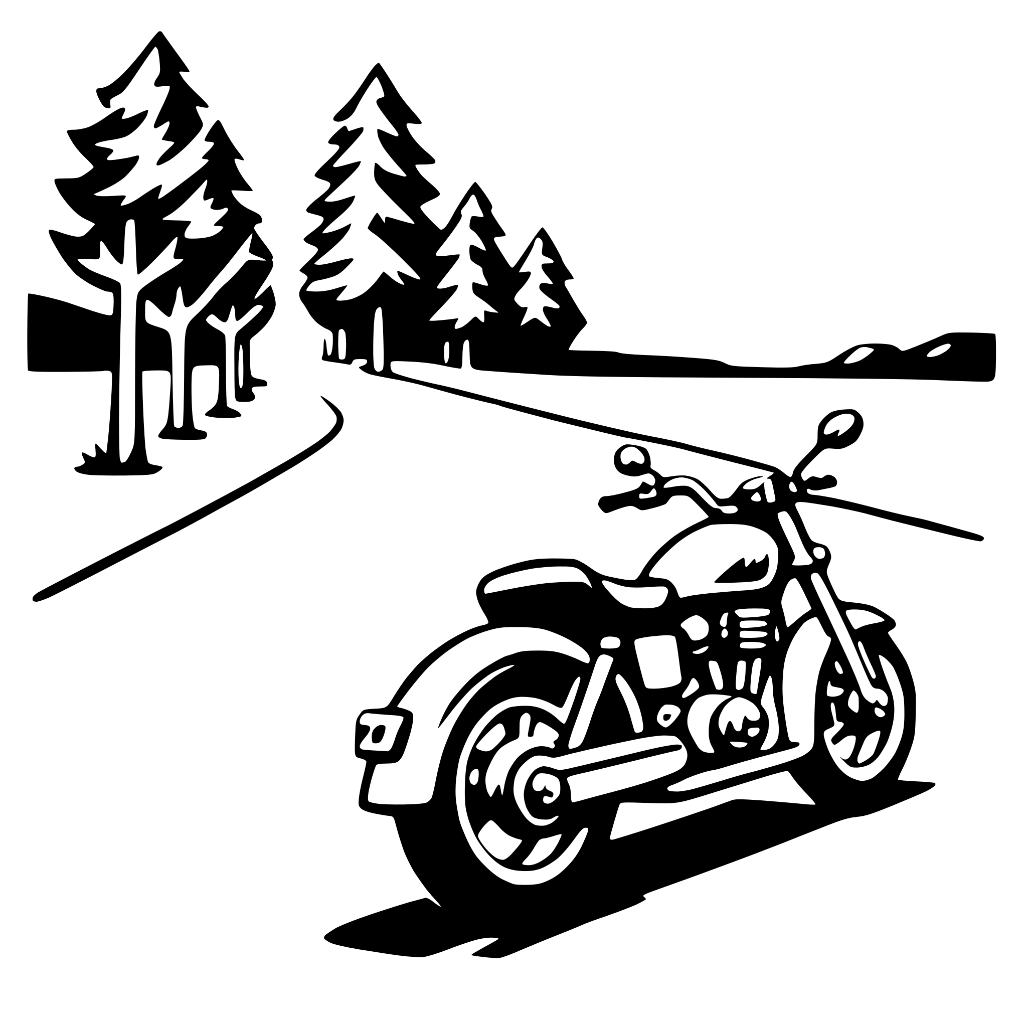 The SVG depicts a motorcycle parked on the side of a road. The road is lined with trees, and there is a clear sky above. The motorcycle is facing towards the right side of the SVG, and it appears to be stationary. The trees are stylized with simple outlines, and the road is shown with a dashed line, suggesting a path or trail. The overall style of the SVG is minimalistic and cartoon-like, with solid black outlines against a white background. 
